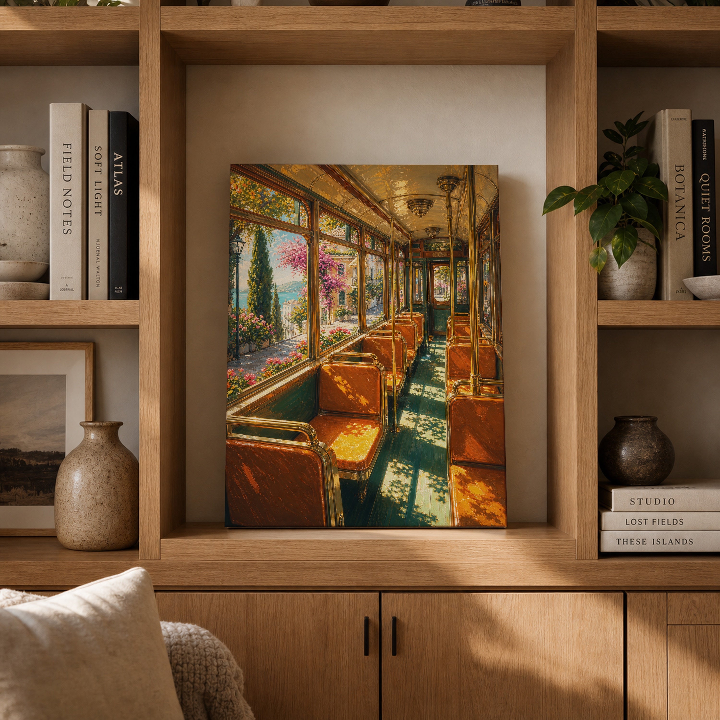 Lake View Vintage Train Car canvas gallery shelf mockup by Seji Art