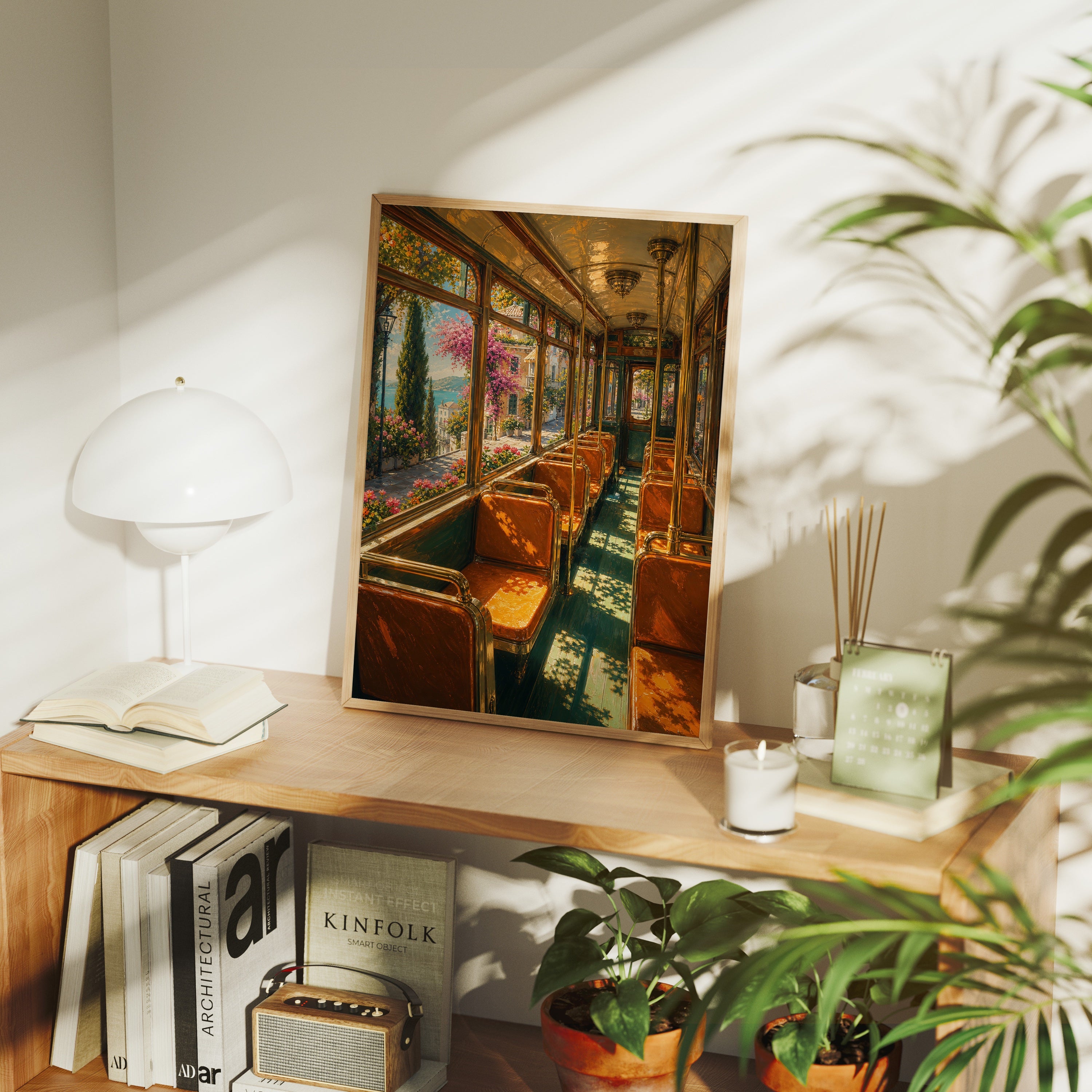 Lake View Vintage Train Car poster framed room mockup by Seji Art