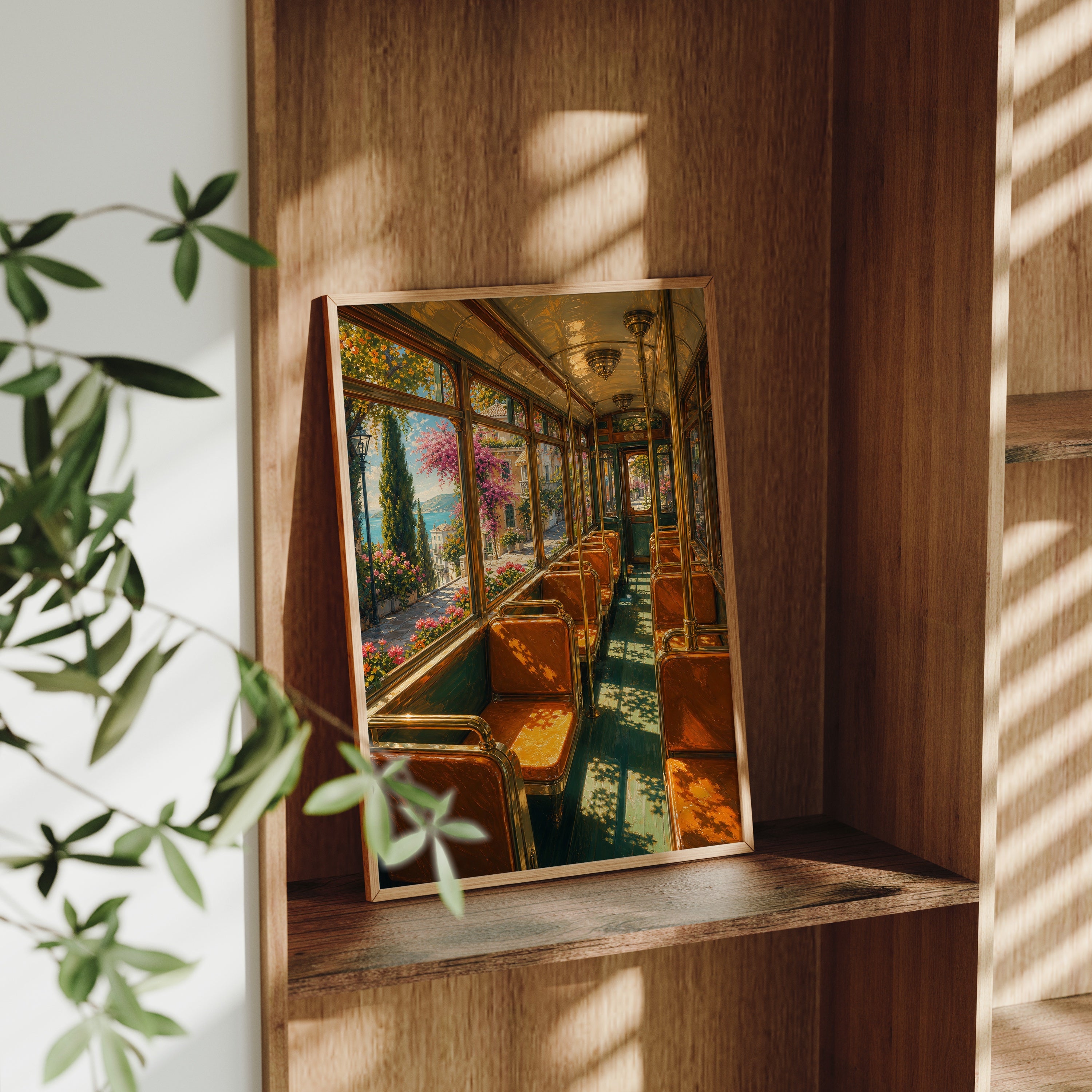 Lake View Vintage Train Car poster gallery shelf mockup by Seji Art