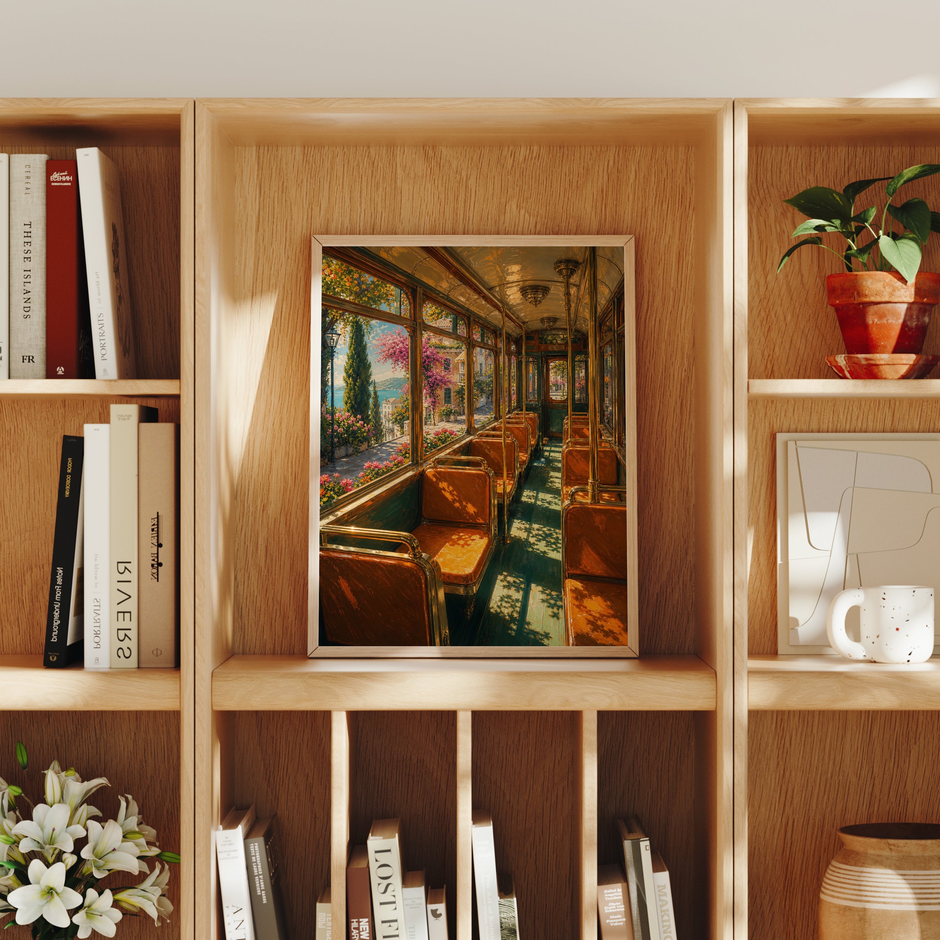 Lake View Vintage Train Car poster home decor mockup by Seji Art