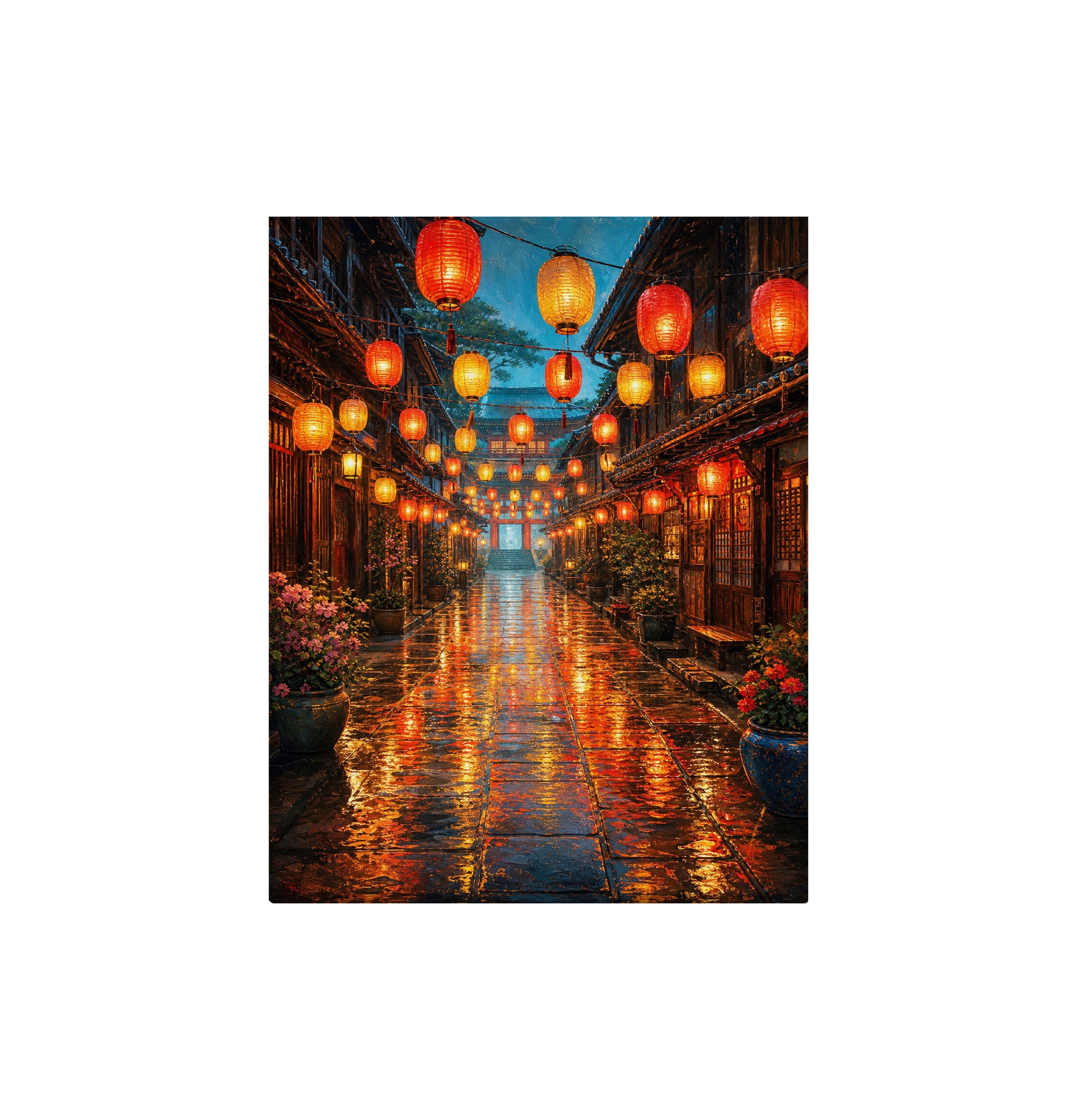 Lantern Market Rain Street canvas wall art preview by Seji Art