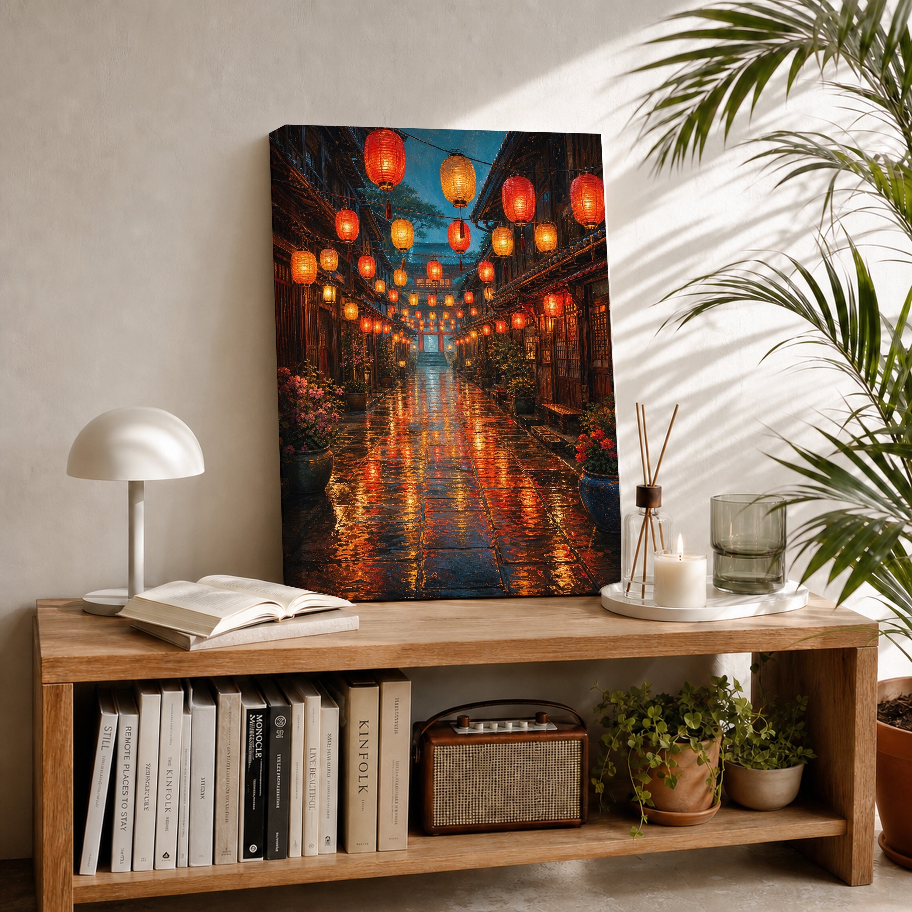 Lantern Market Rain Street canvas room mockup by Seji Art