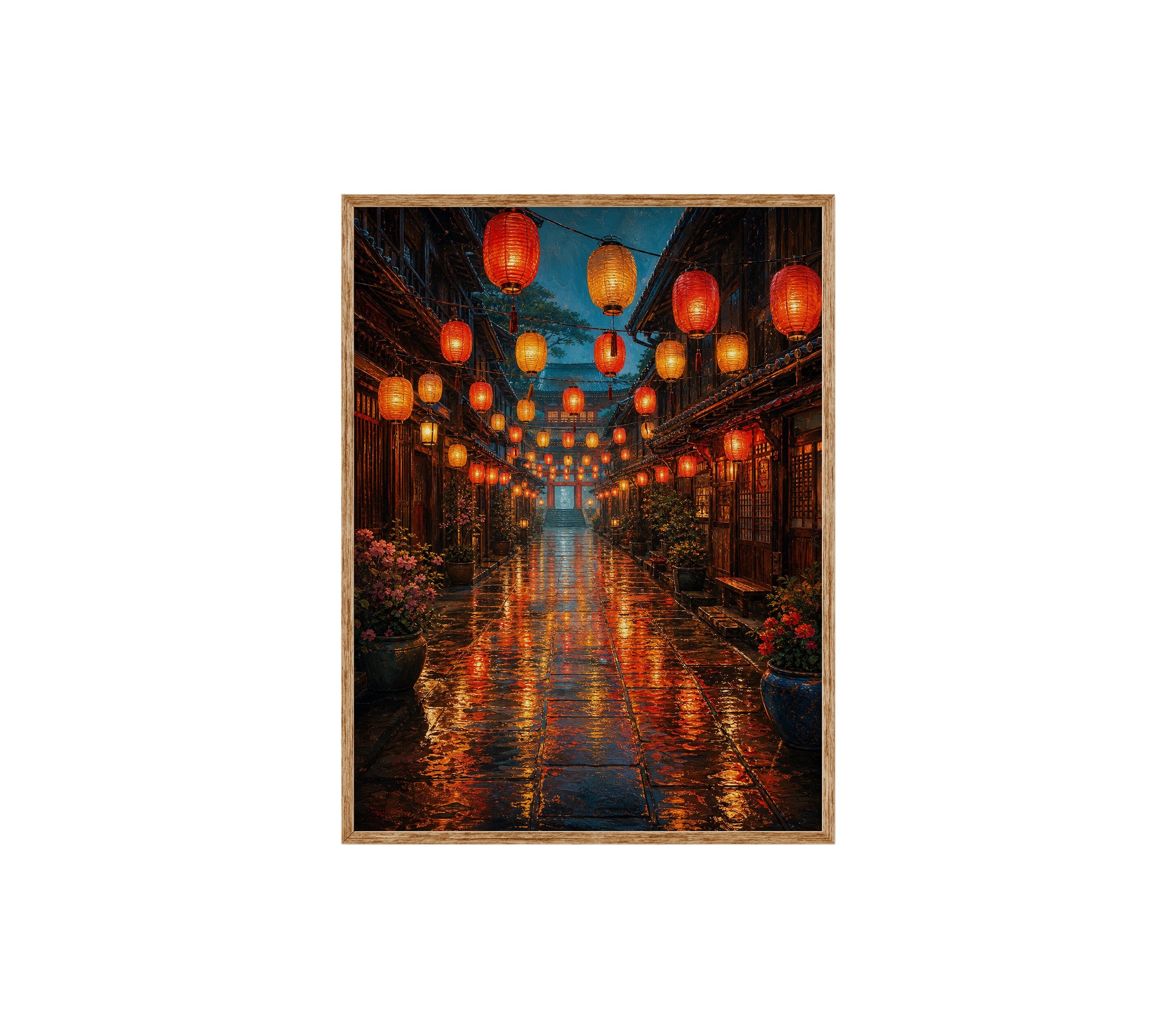 Lantern Market Rain Street poster print preview by Seji Art