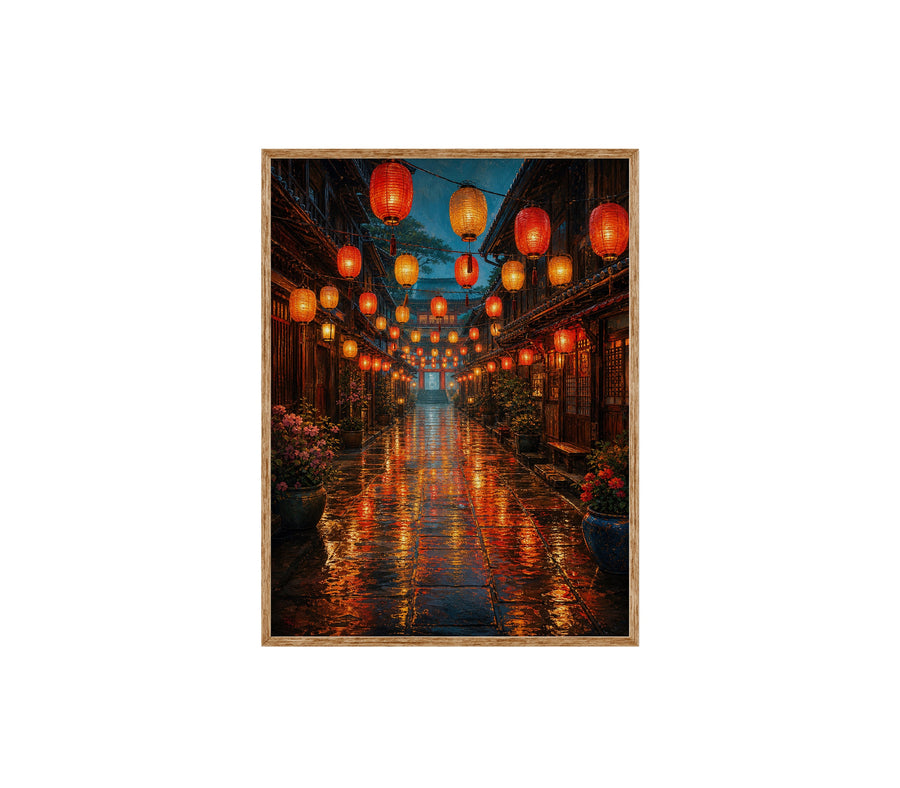 Lantern Market Rain Street poster print preview by Seji Art