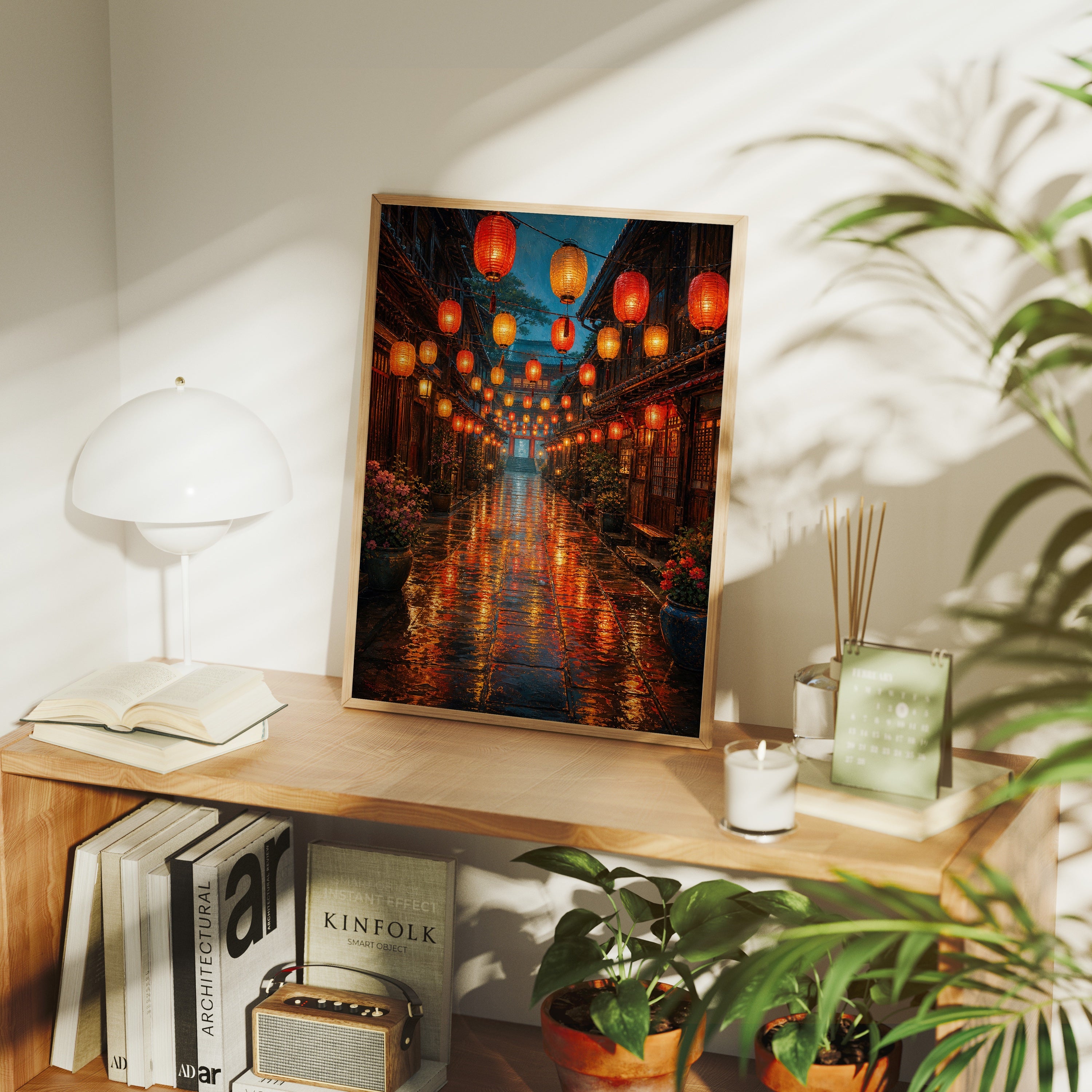 Lantern Market Rain Street poster framed room mockup by Seji Art