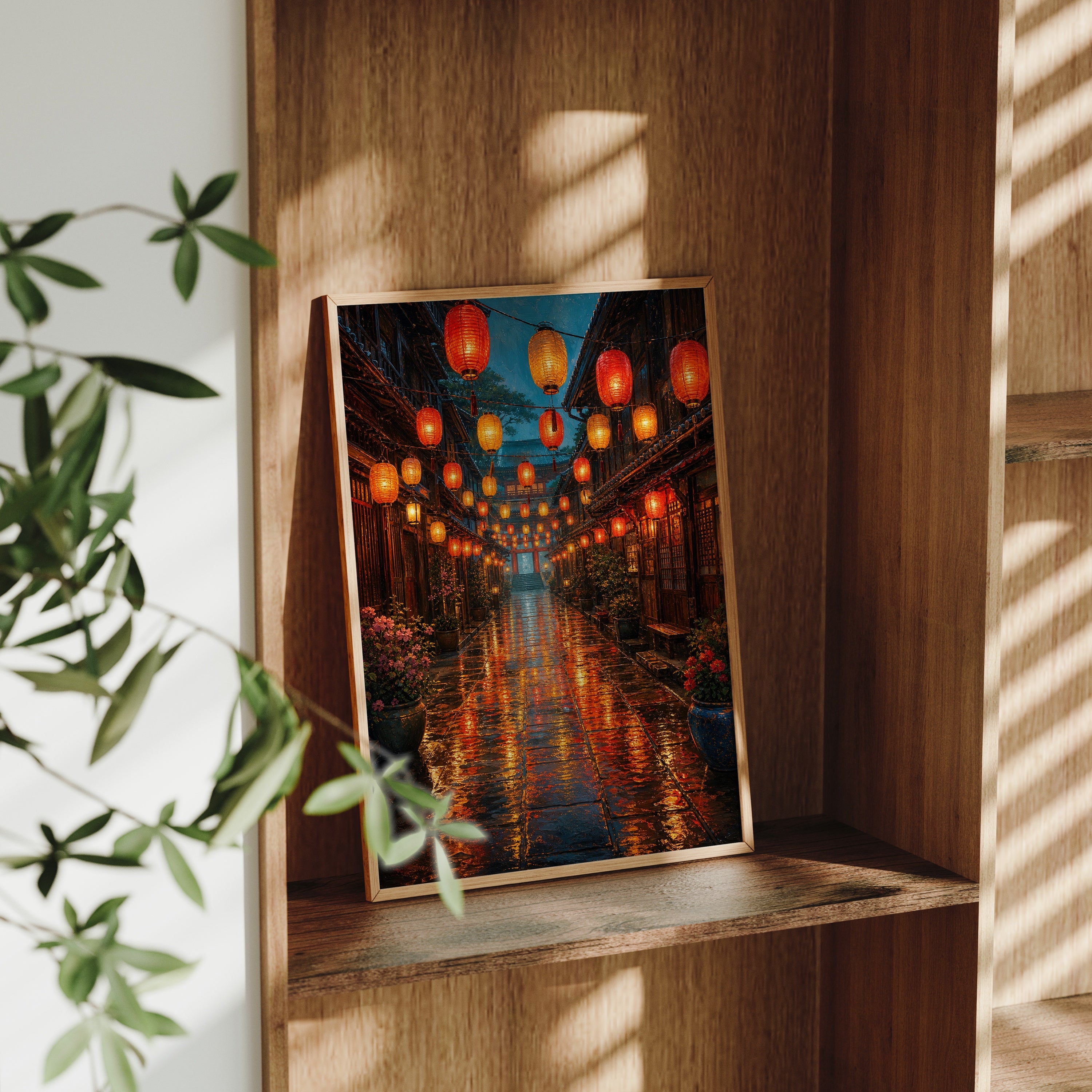 Lantern Market Rain Street poster gallery shelf mockup by Seji Art