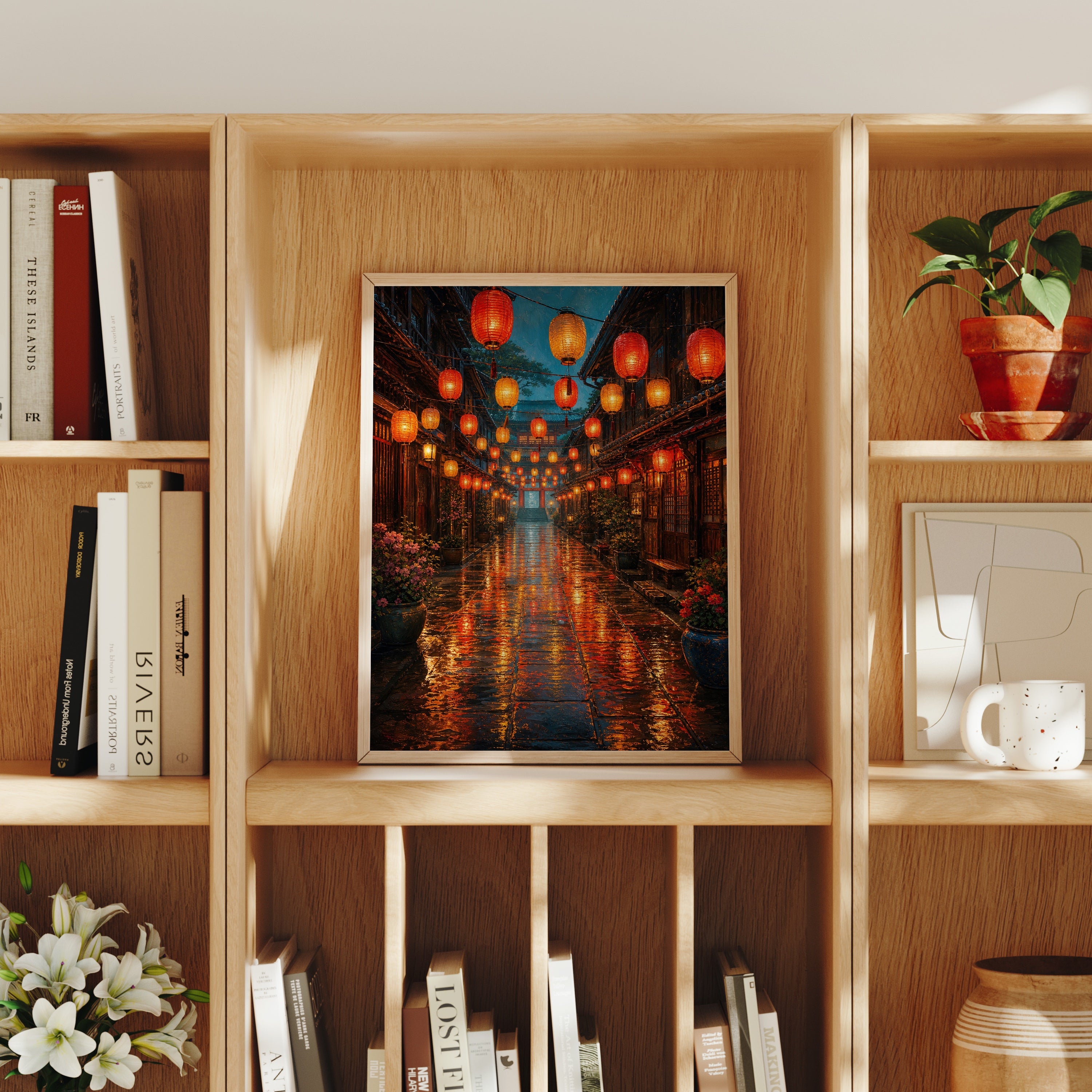 Lantern Market Rain Street poster home decor mockup by Seji Art