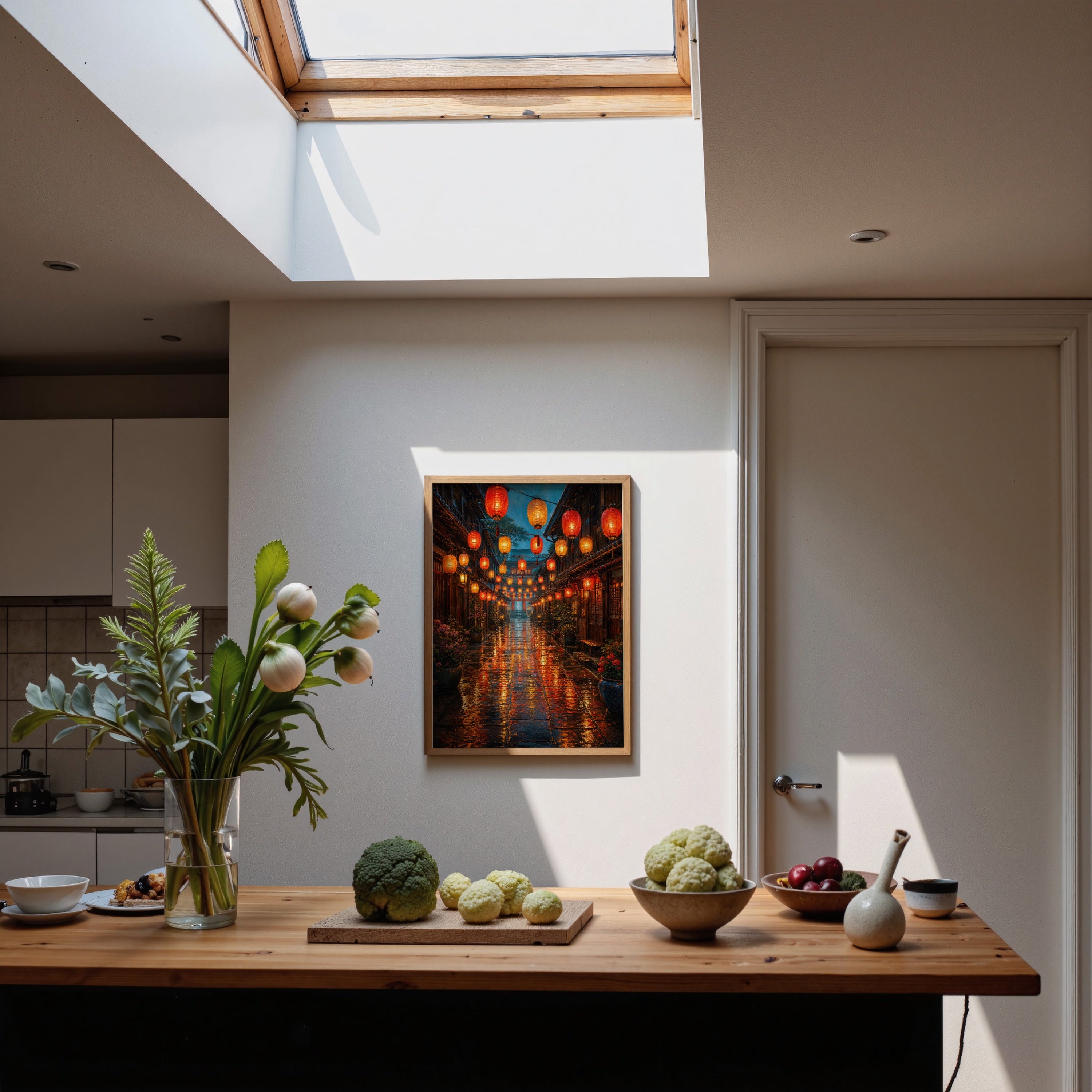 Lantern Market Rain Street poster wall art mockup by Seji Art