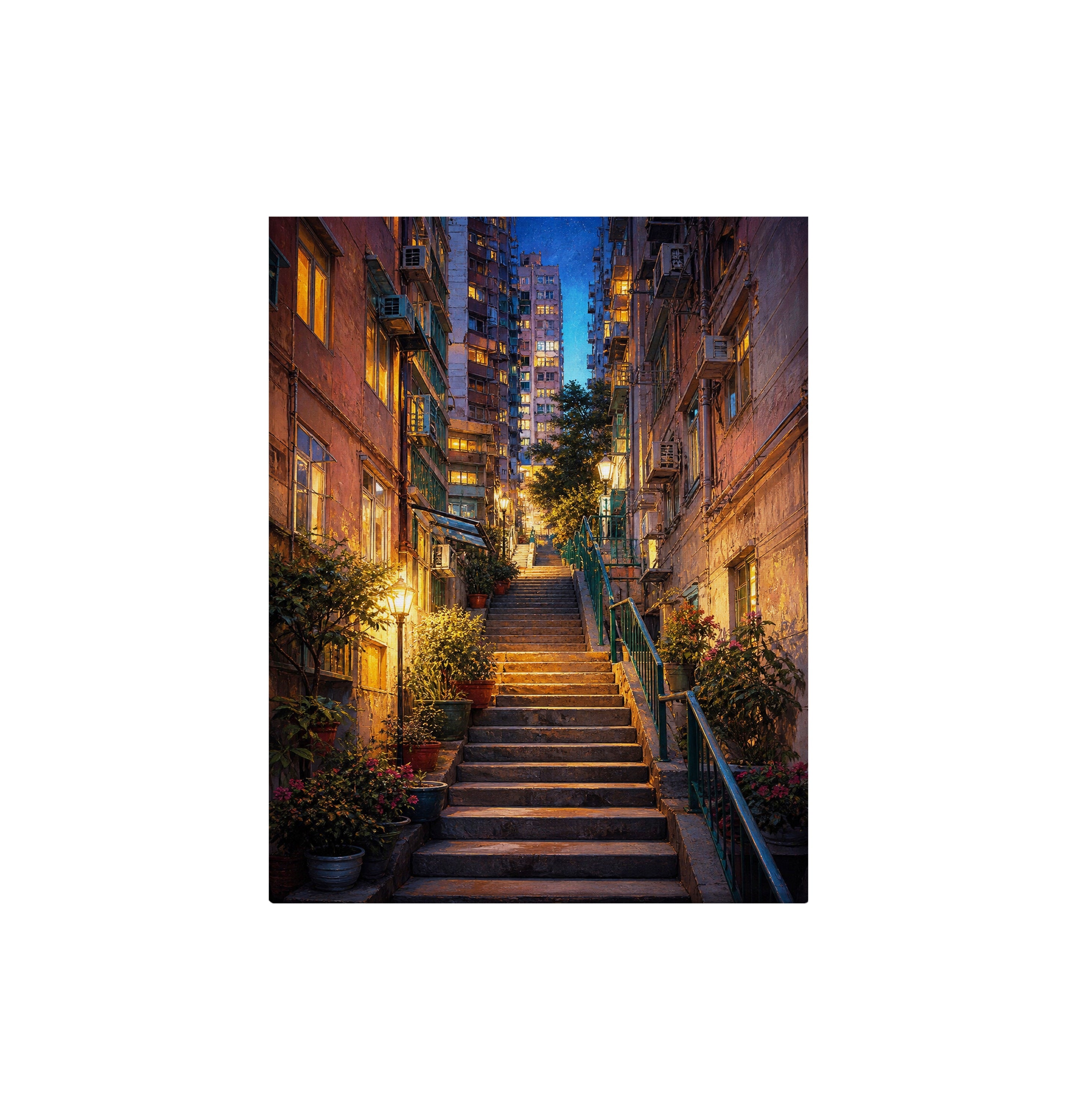 Lantern Stairway Rain Alley canvas wall art preview by Seji Art