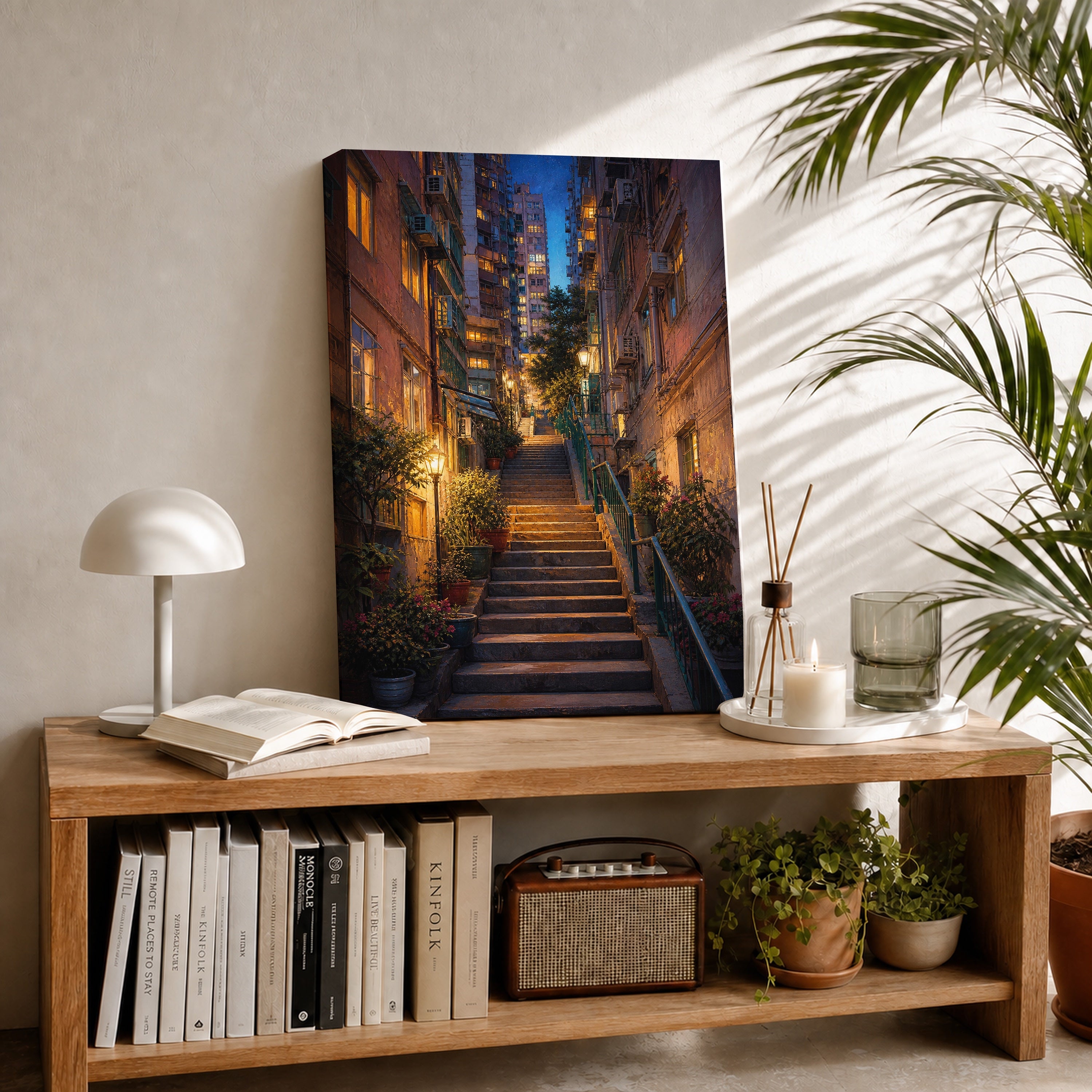Lantern Stairway Rain Alley canvas room mockup by Seji Art