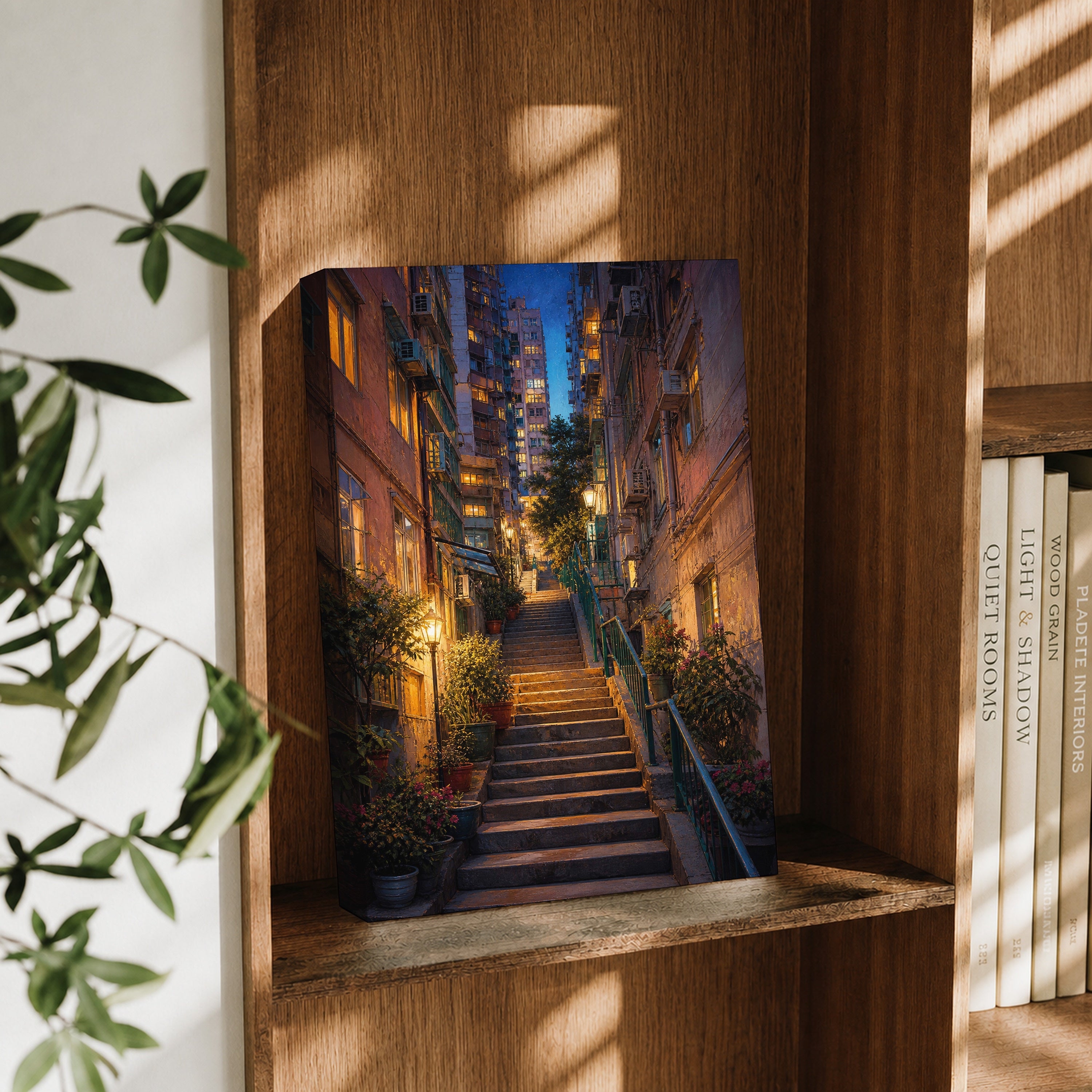 Lantern Stairway Rain Alley canvas wall art decor mockup by Seji Art
