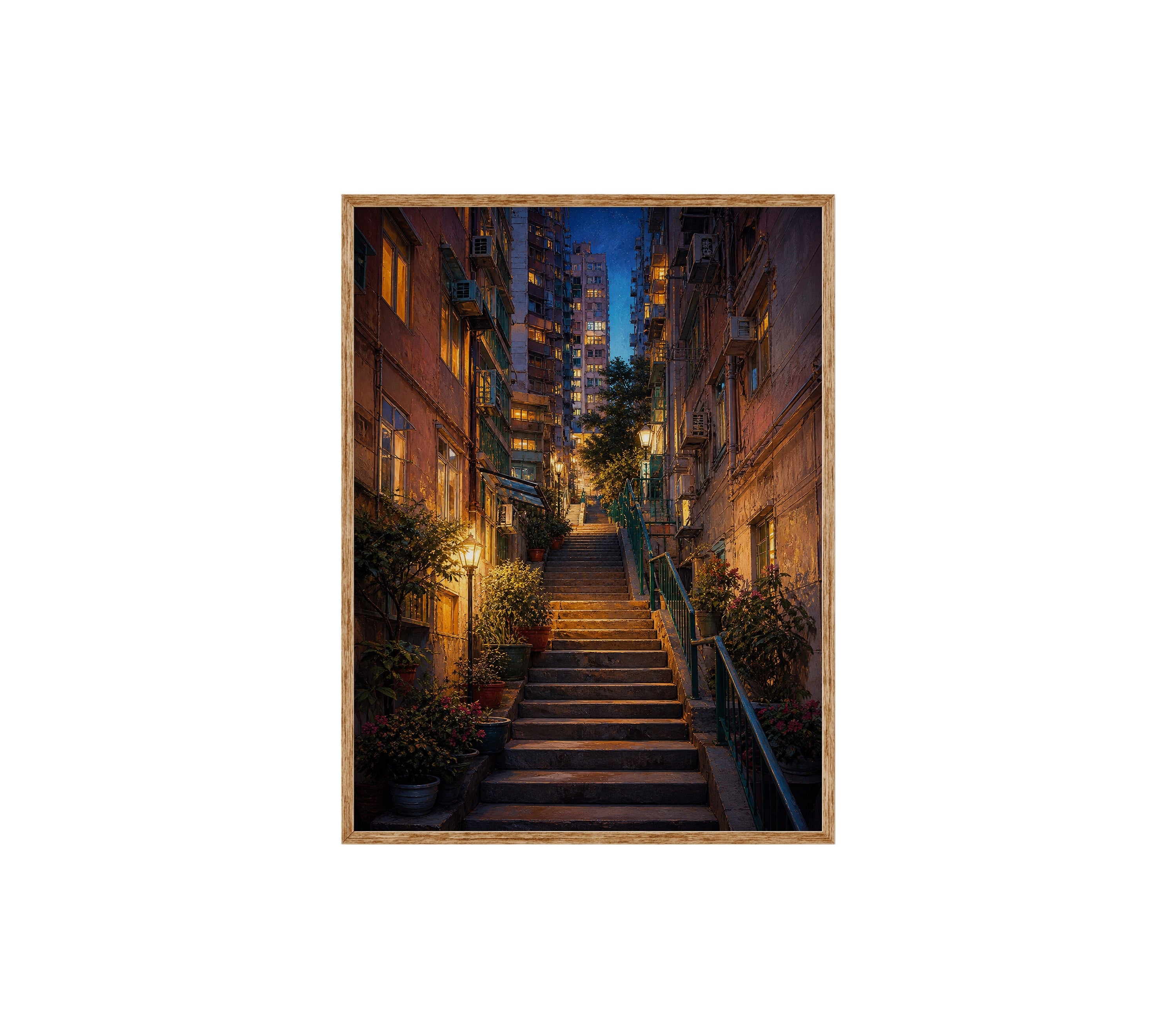 Lantern Stairway Rain Alley poster print preview by Seji Art