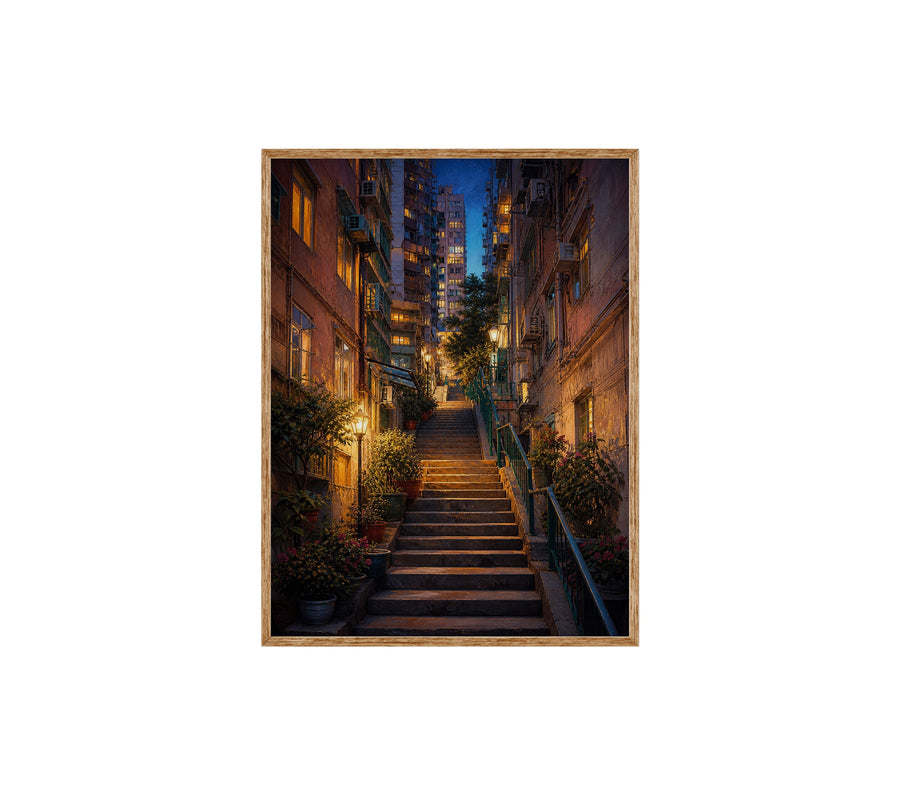 Lantern Stairway Rain Alley poster print preview by Seji Art