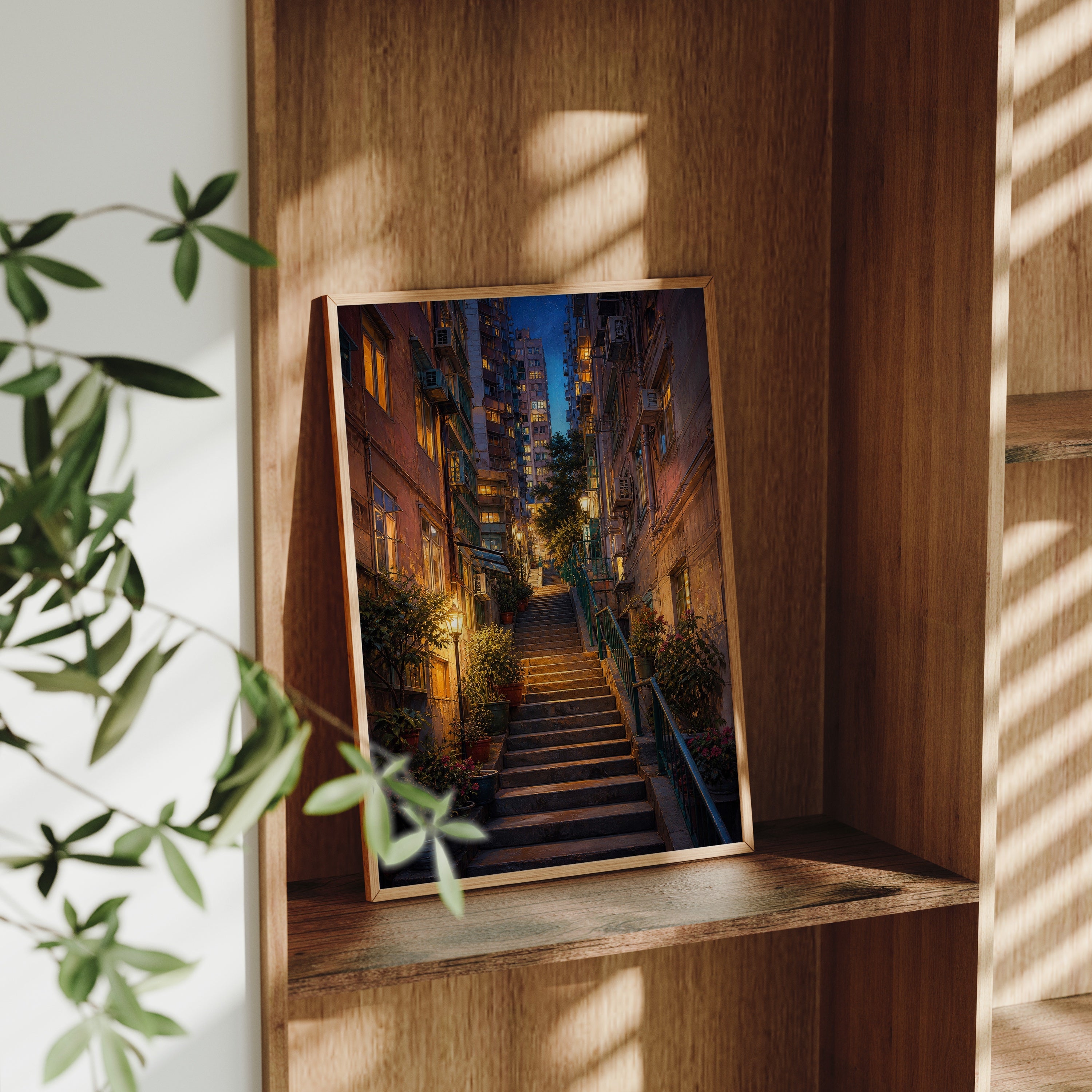 Lantern Stairway Rain Alley poster gallery shelf mockup by Seji Art
