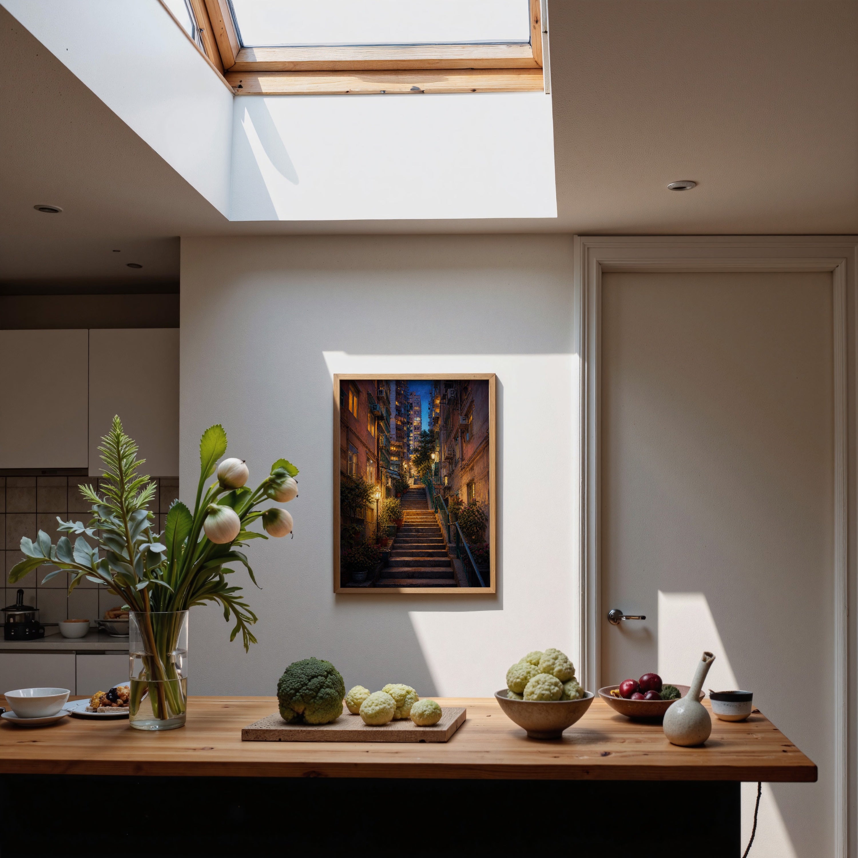 Lantern Stairway Rain Alley poster wall art mockup by Seji Art