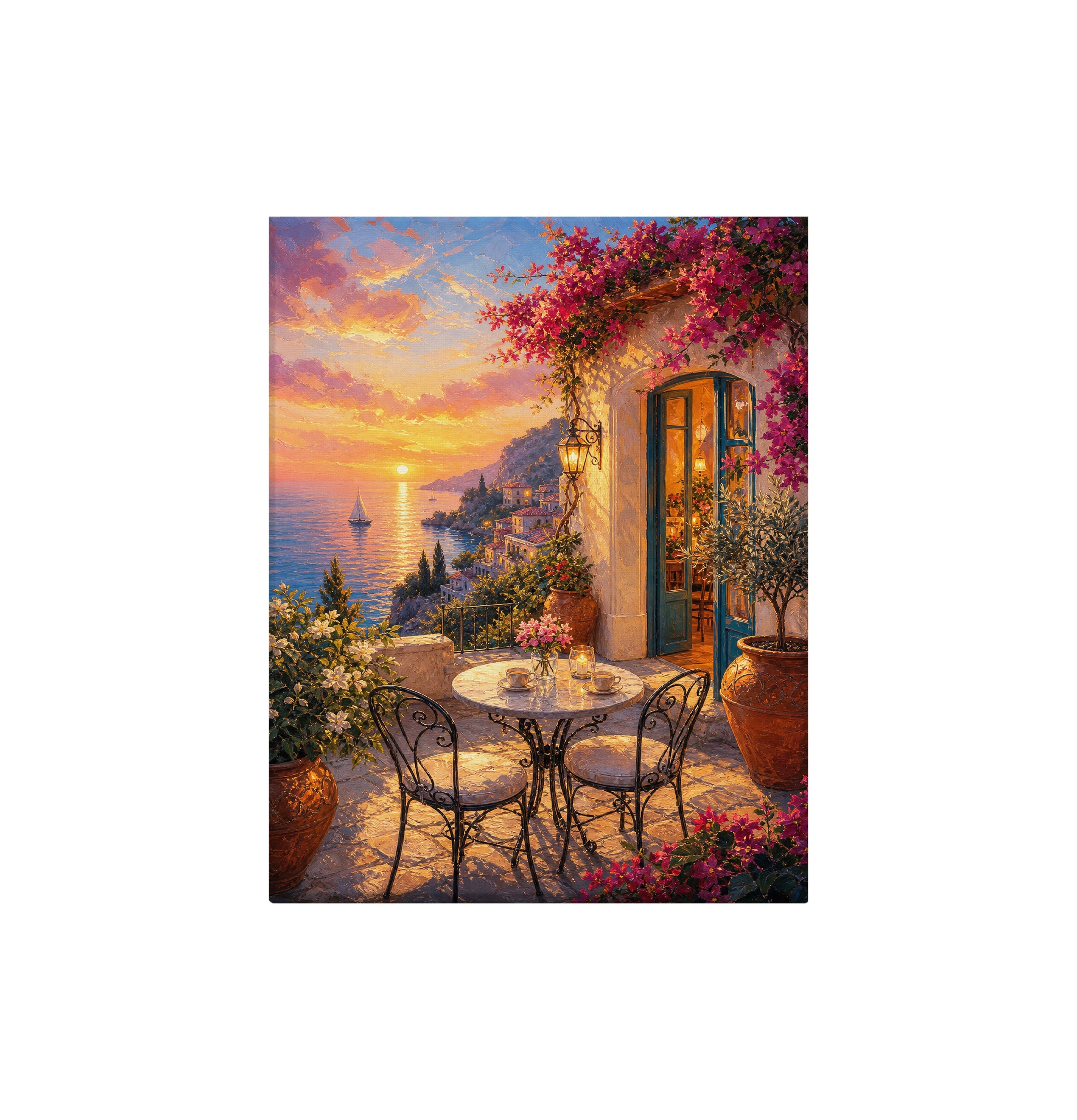 Mediterranean Balcony Sunset Cafe canvas wall art preview by Seji Art