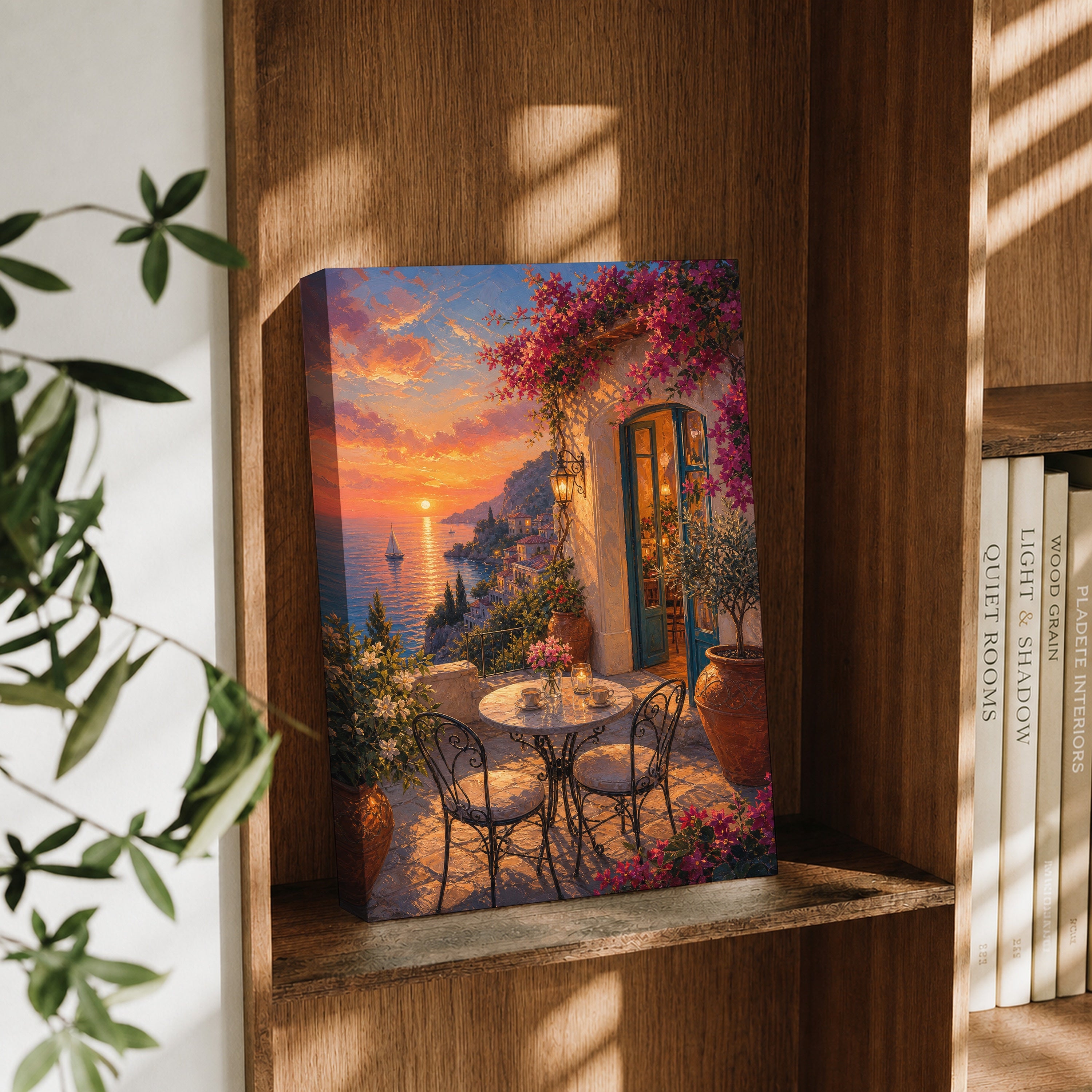 Mediterranean Balcony Sunset Cafe canvas wall art decor mockup by Seji Art