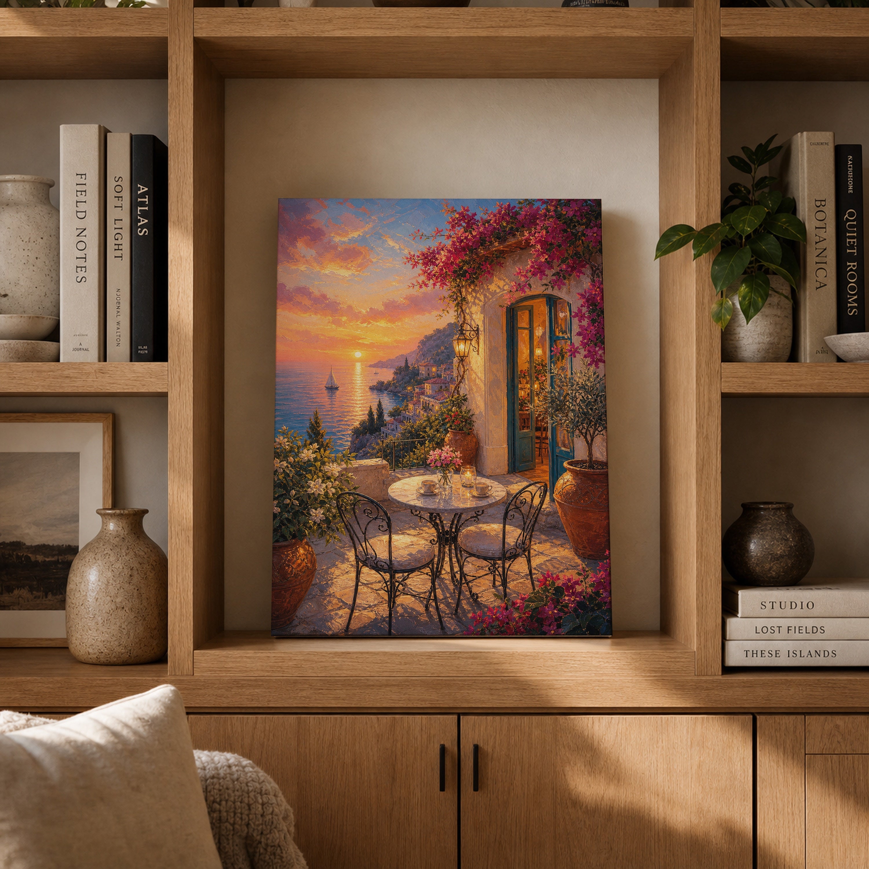 Mediterranean Balcony Sunset Cafe canvas gallery shelf mockup by Seji Art