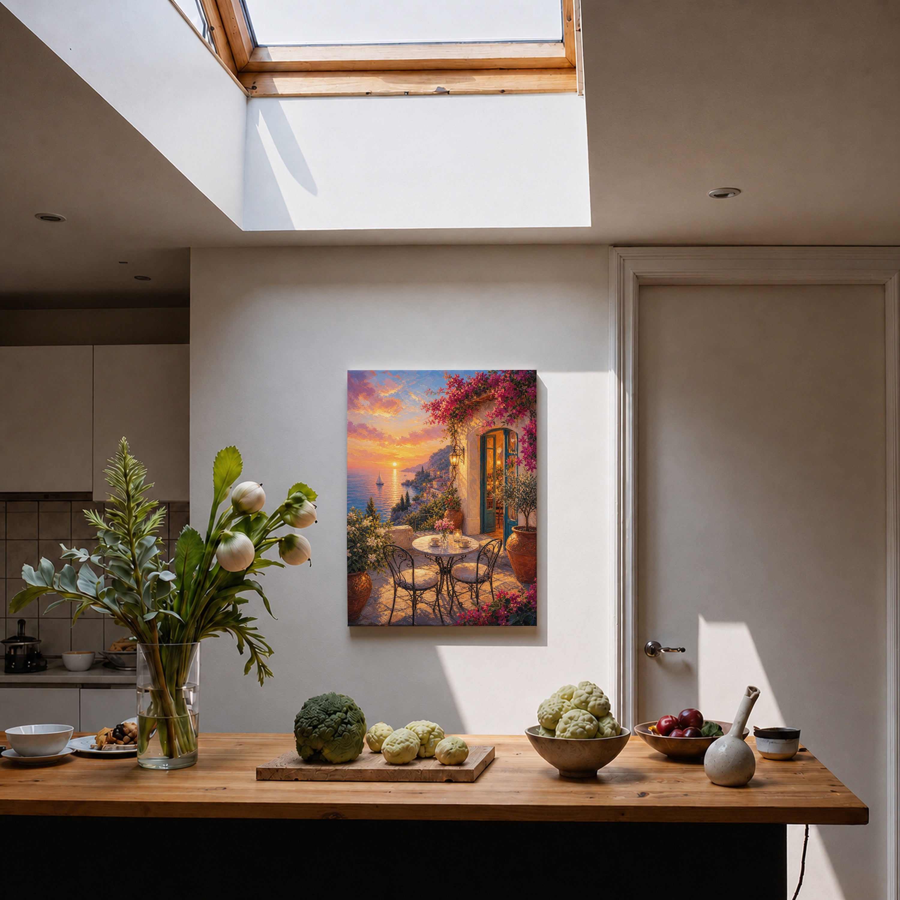Mediterranean Balcony Sunset Cafe canvas home decor mockup by Seji Art