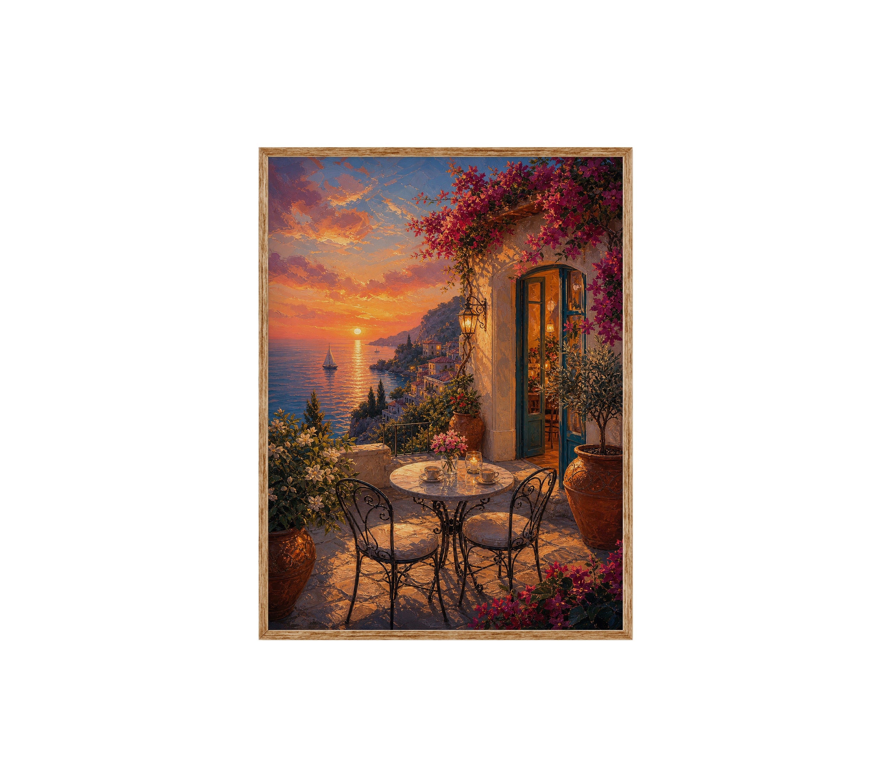 Mediterranean Balcony Sunset Cafe poster print preview by Seji Art