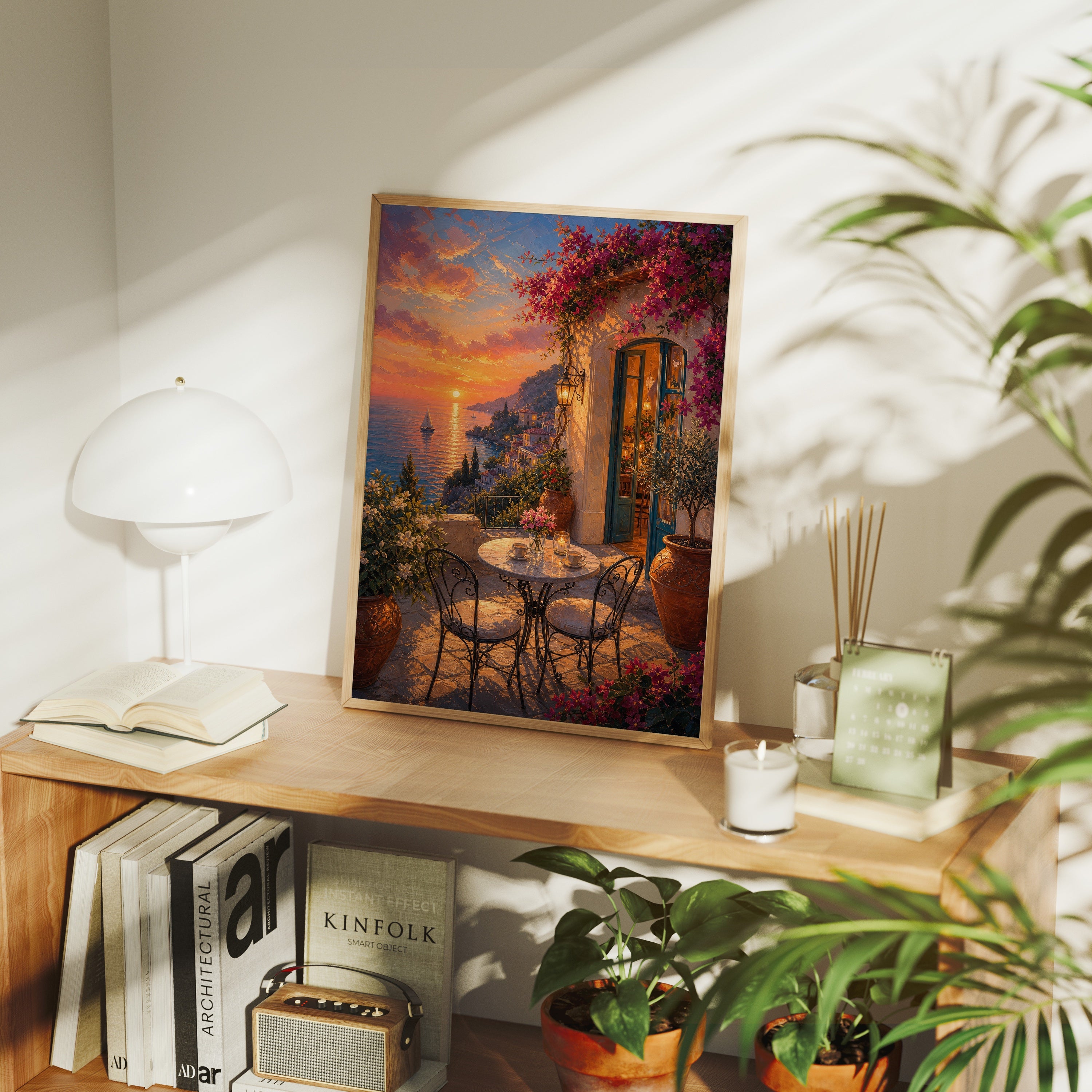 Mediterranean Balcony Sunset Cafe poster framed room mockup by Seji Art