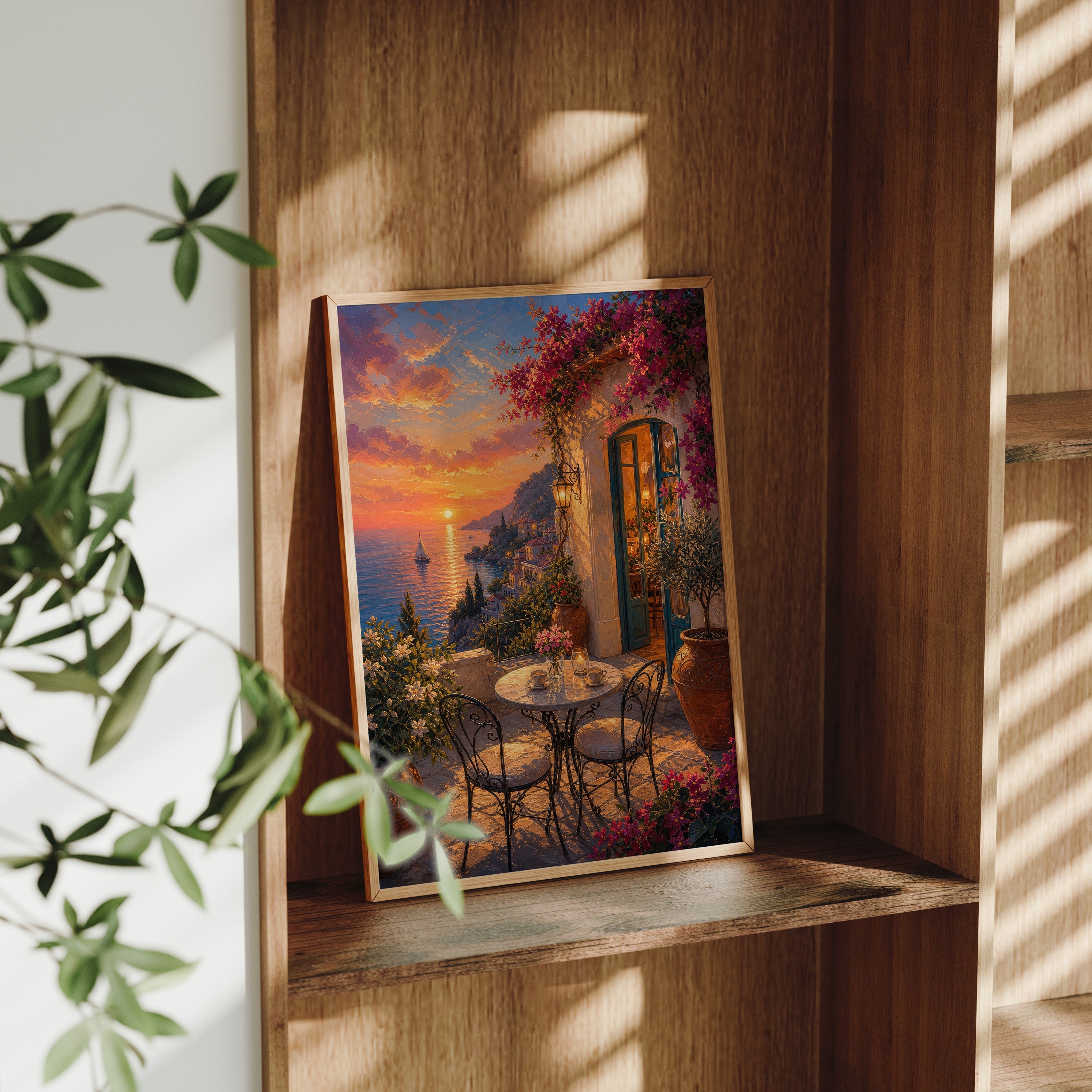 Mediterranean Balcony Sunset Cafe poster gallery shelf mockup by Seji Art