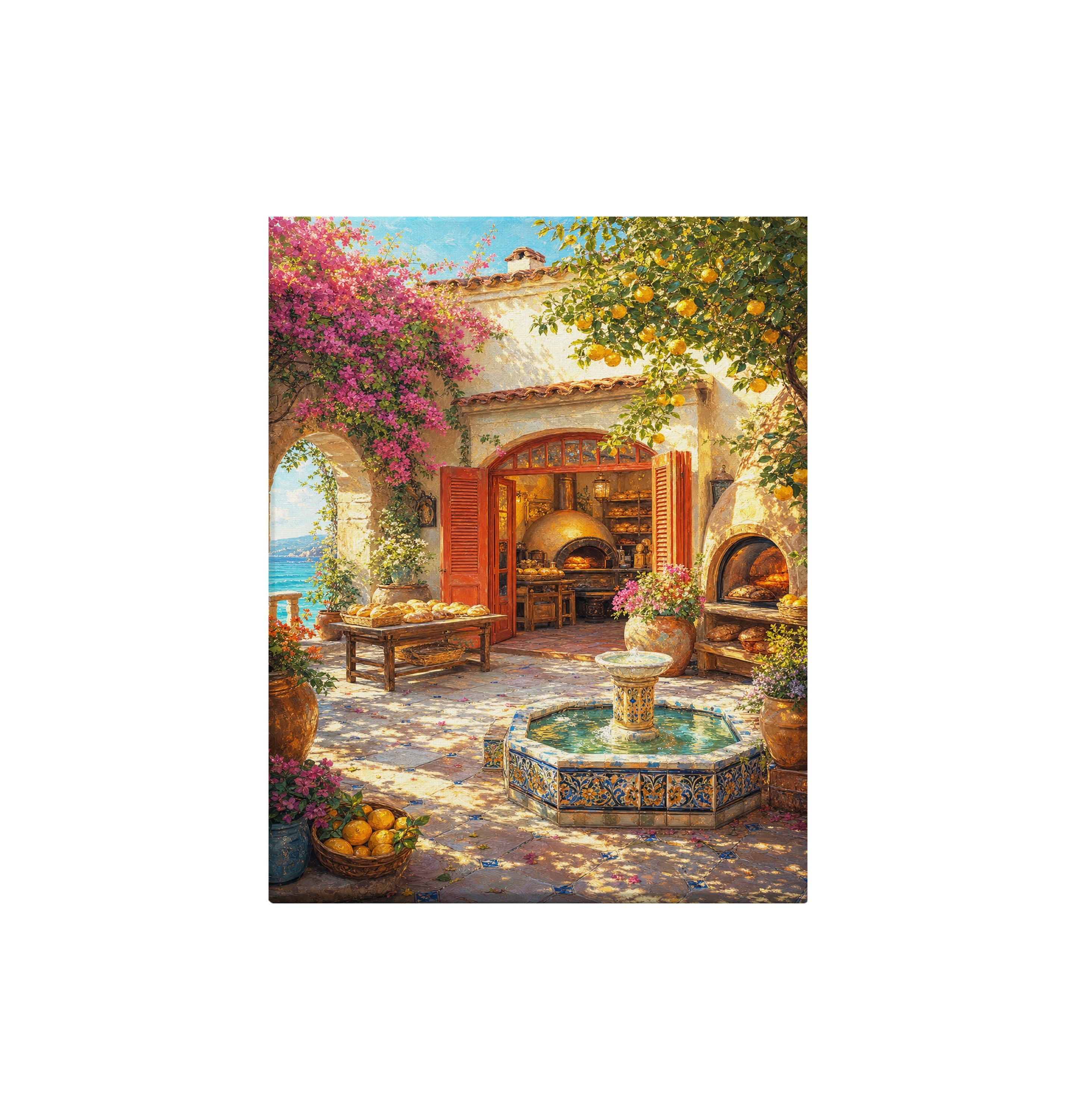 Mediterranean Courtyard Fountain canvas wall art preview by Seji Art