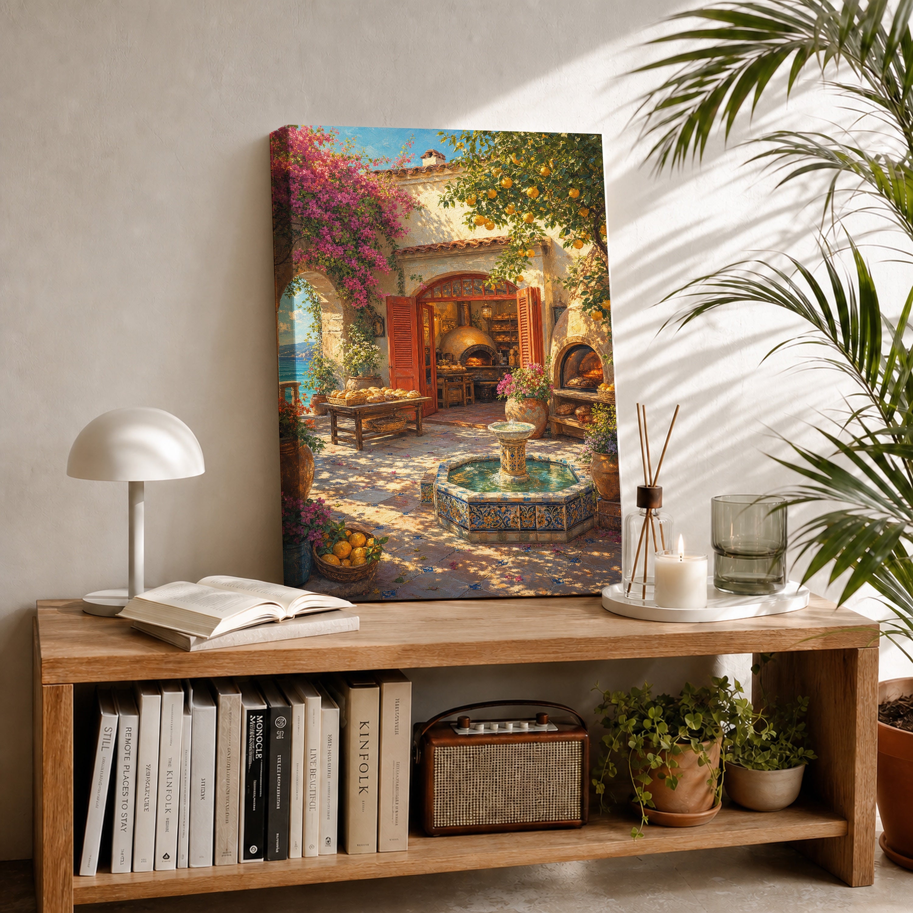 Mediterranean Courtyard Fountain canvas room mockup by Seji Art