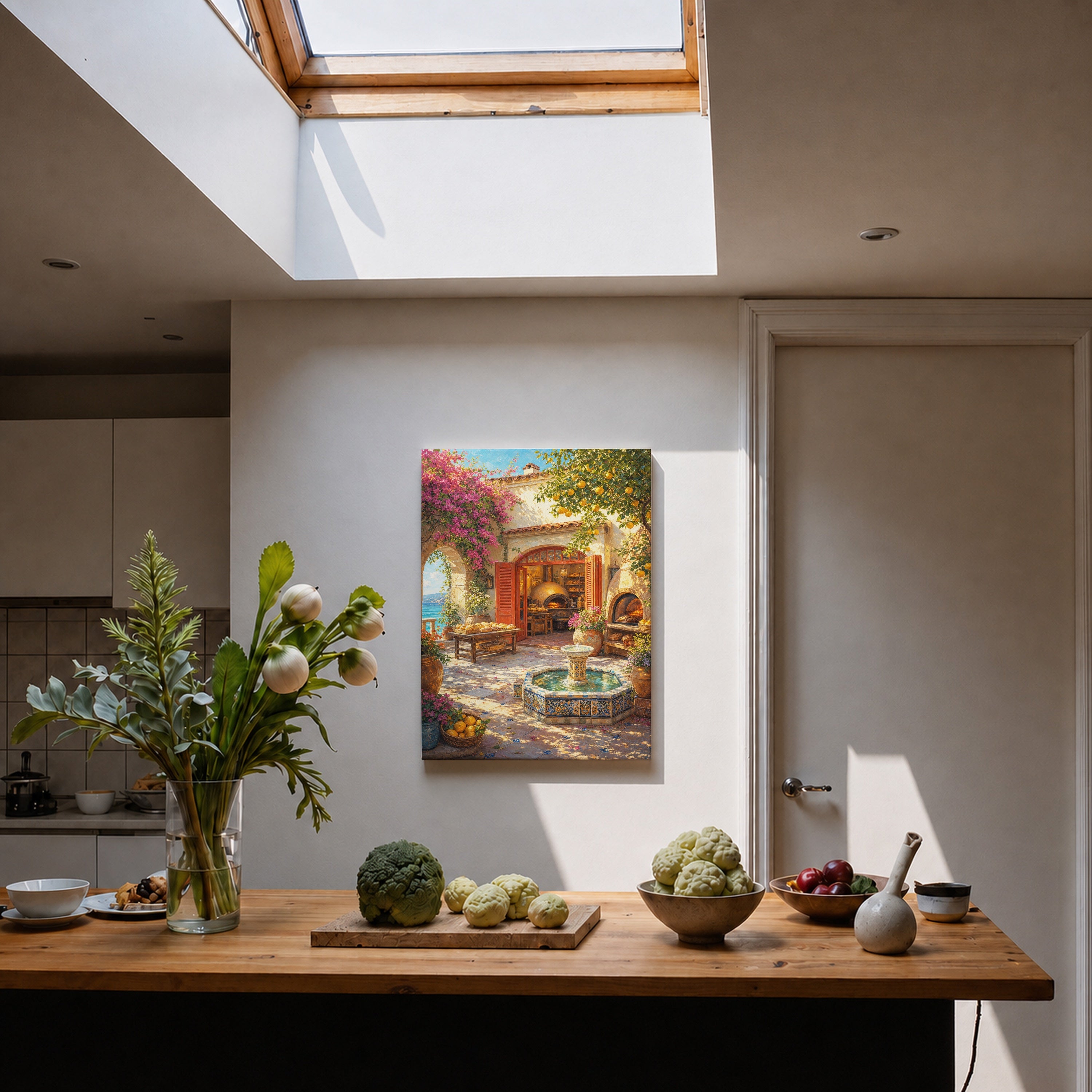 Mediterranean Courtyard Fountain canvas home decor mockup by Seji Art