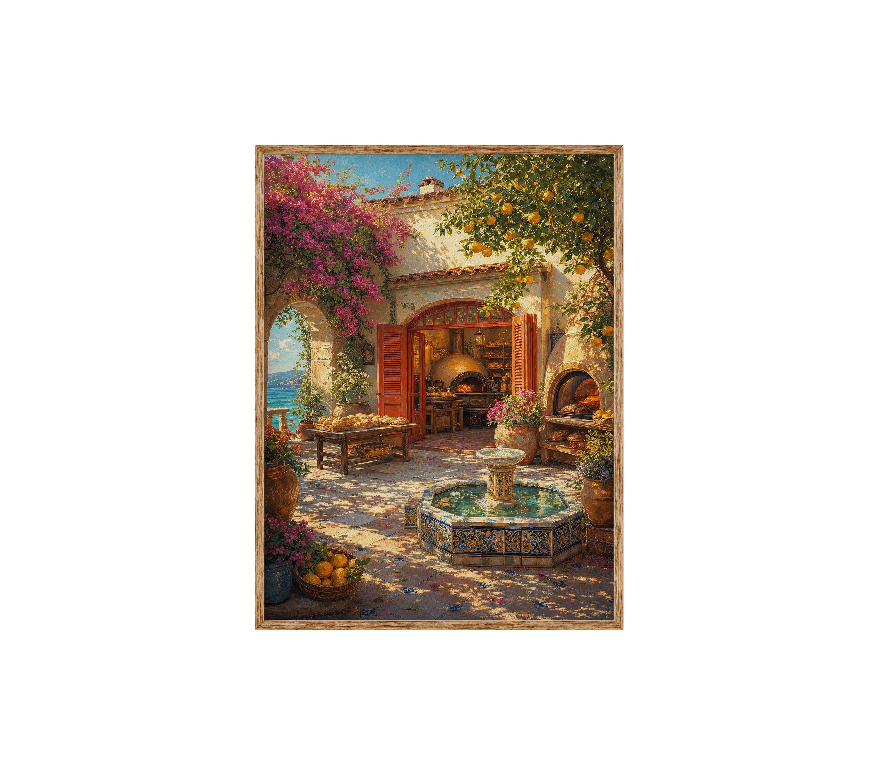 Mediterranean Courtyard Fountain poster print preview by Seji Art