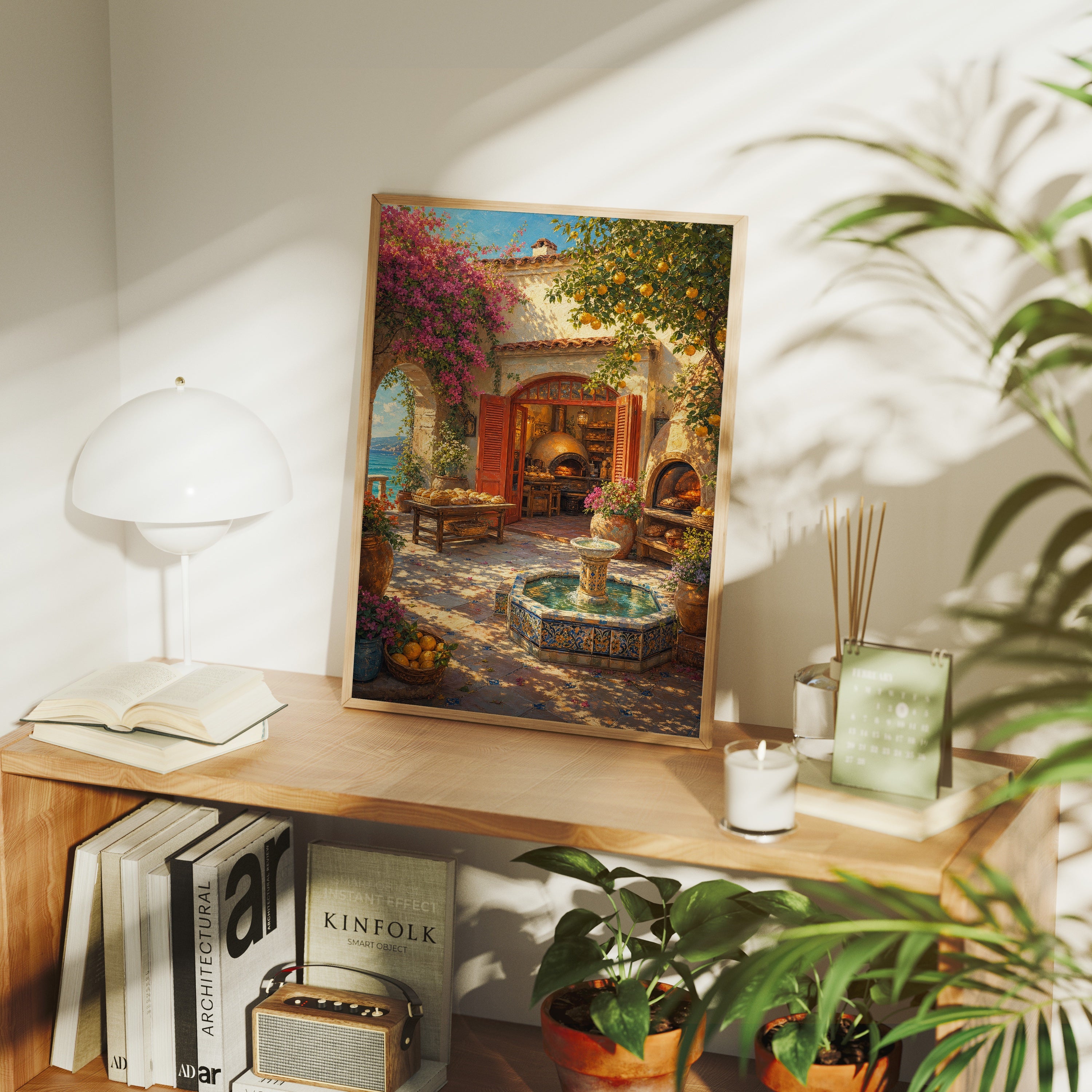 Mediterranean Courtyard Fountain poster framed room mockup by Seji Art