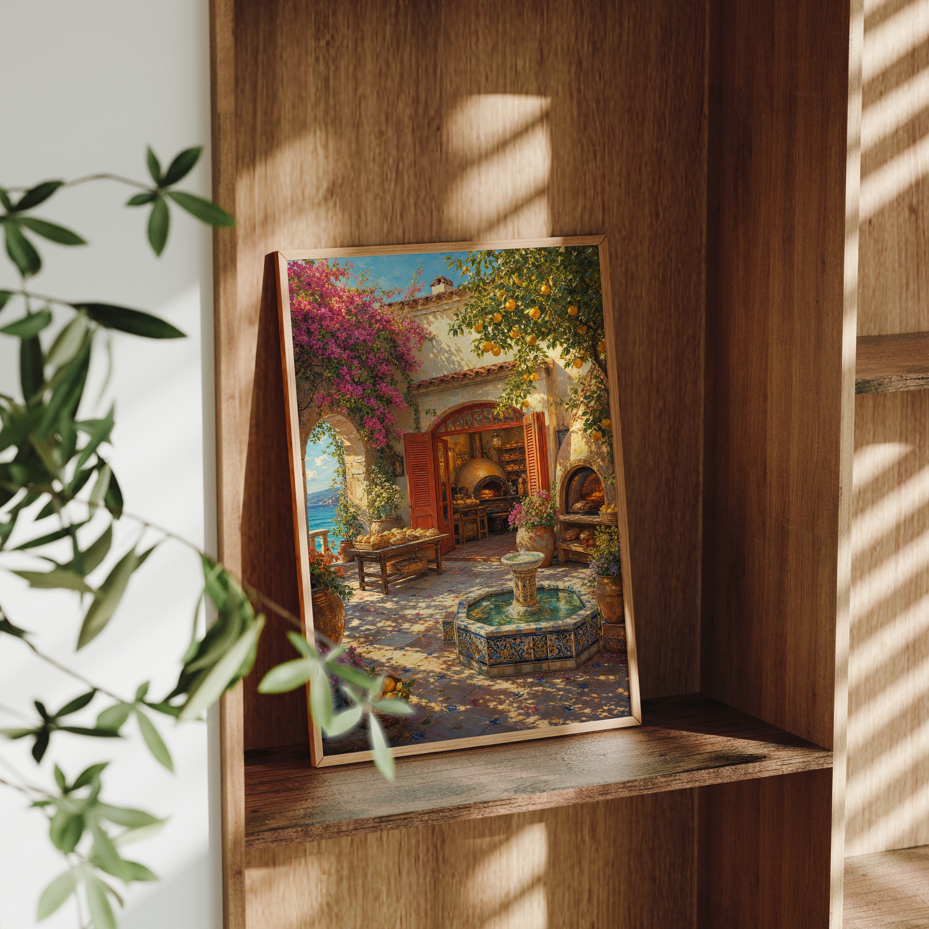 Mediterranean Courtyard Fountain poster gallery shelf mockup by Seji Art