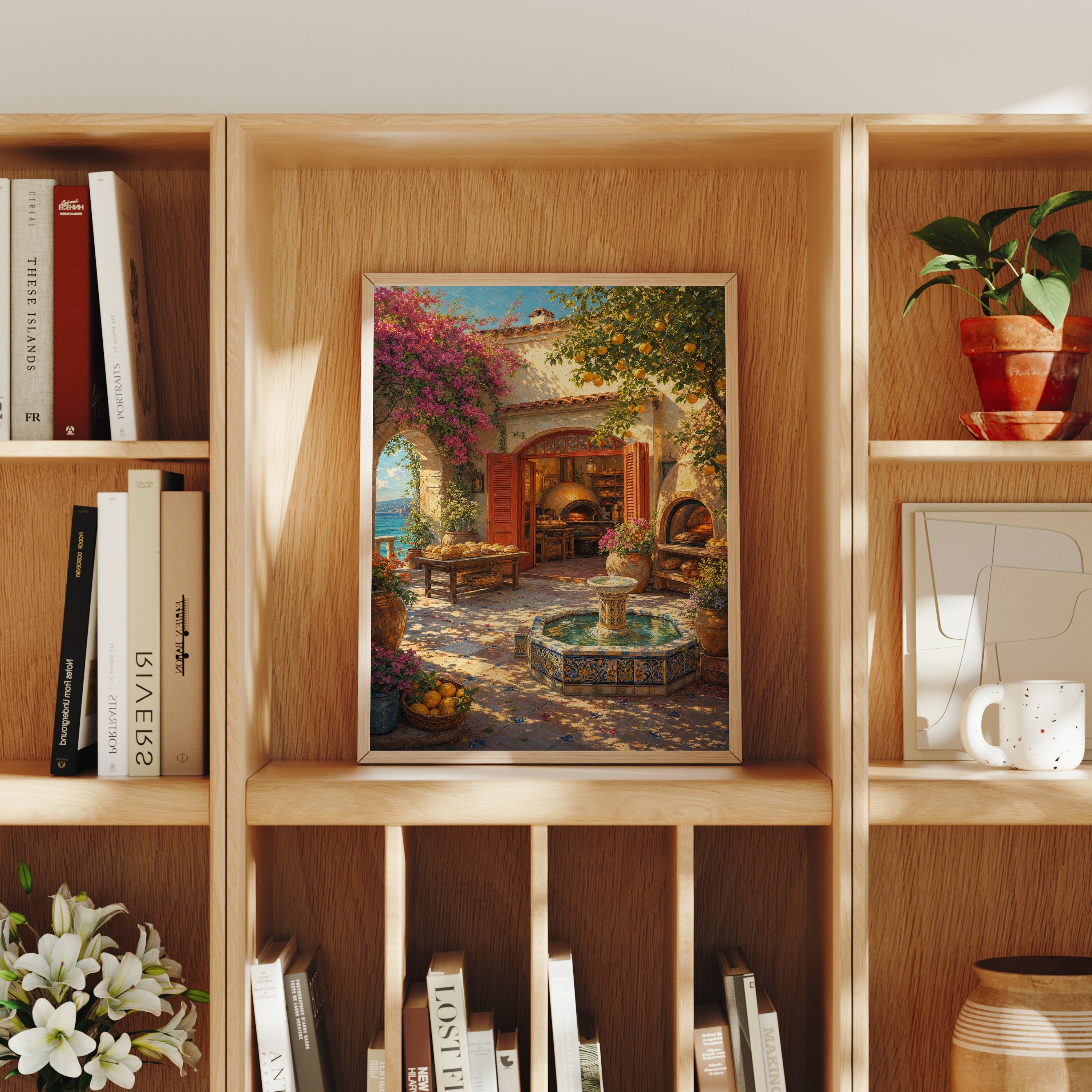 Mediterranean Courtyard Fountain poster home decor mockup by Seji Art