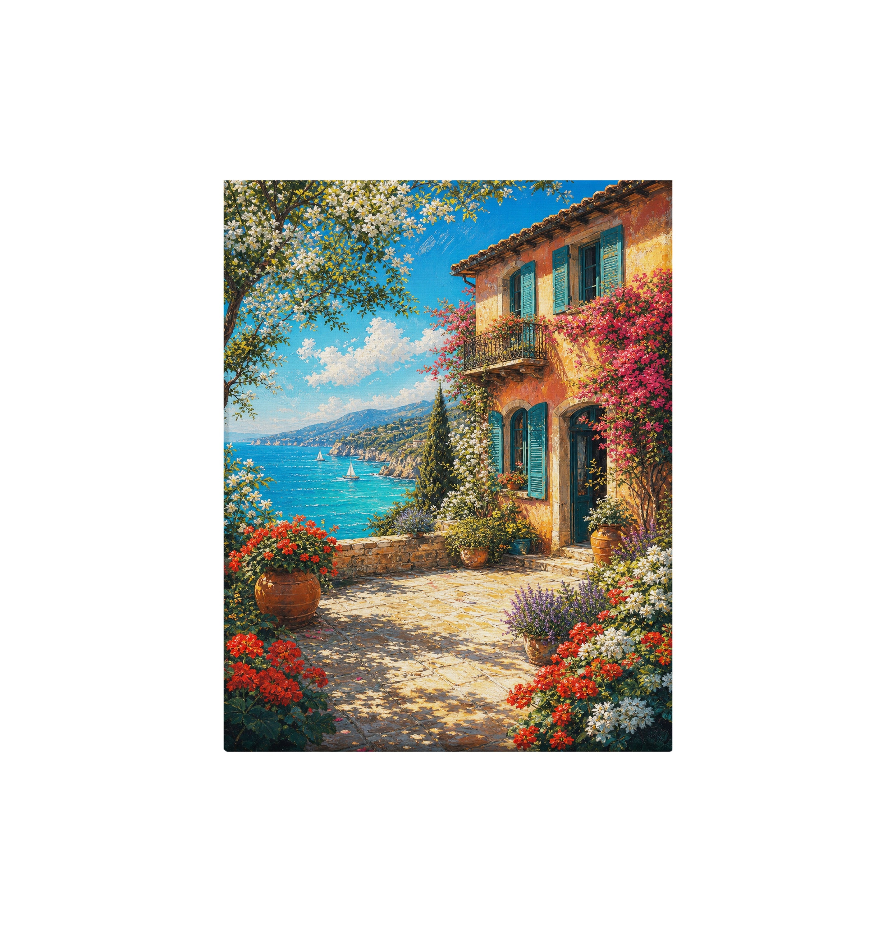 Mediterranean Flower Cottage Sea View canvas wall art preview by Seji Art