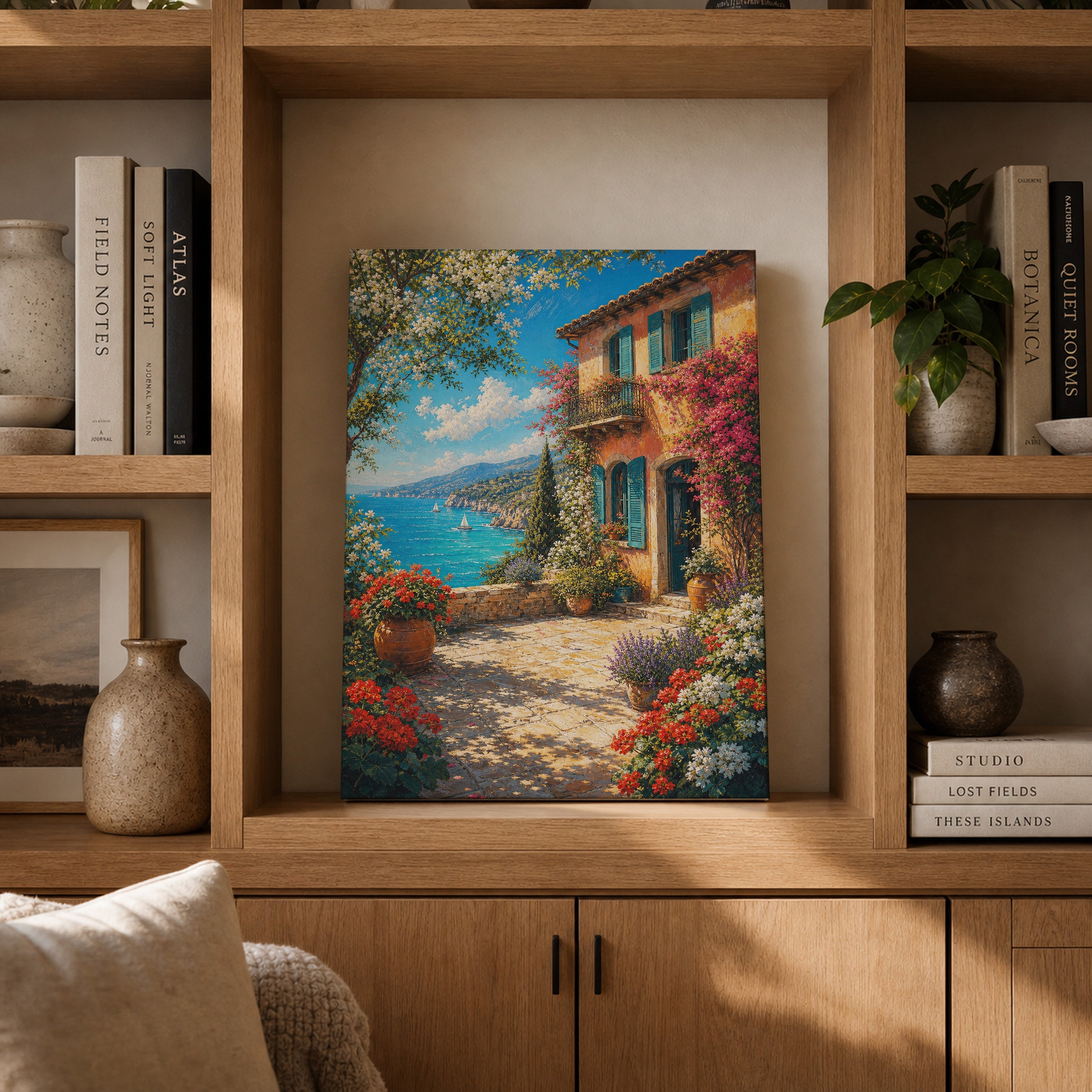 Mediterranean Flower Cottage Sea View canvas gallery shelf mockup by Seji Art