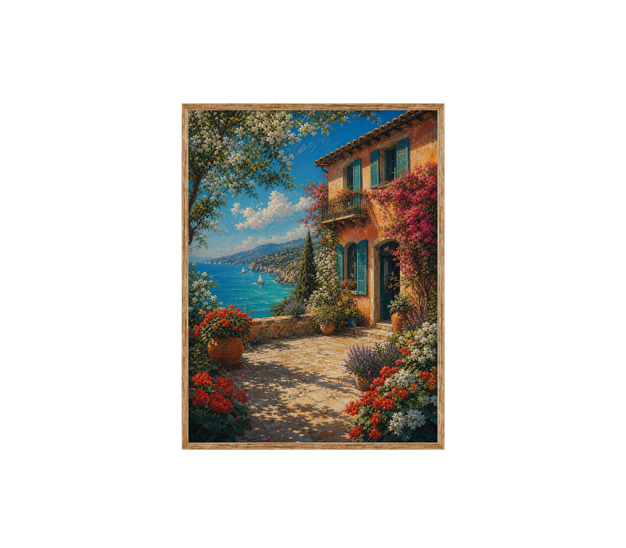 Mediterranean Flower Cottage Sea View poster print preview by Seji Art