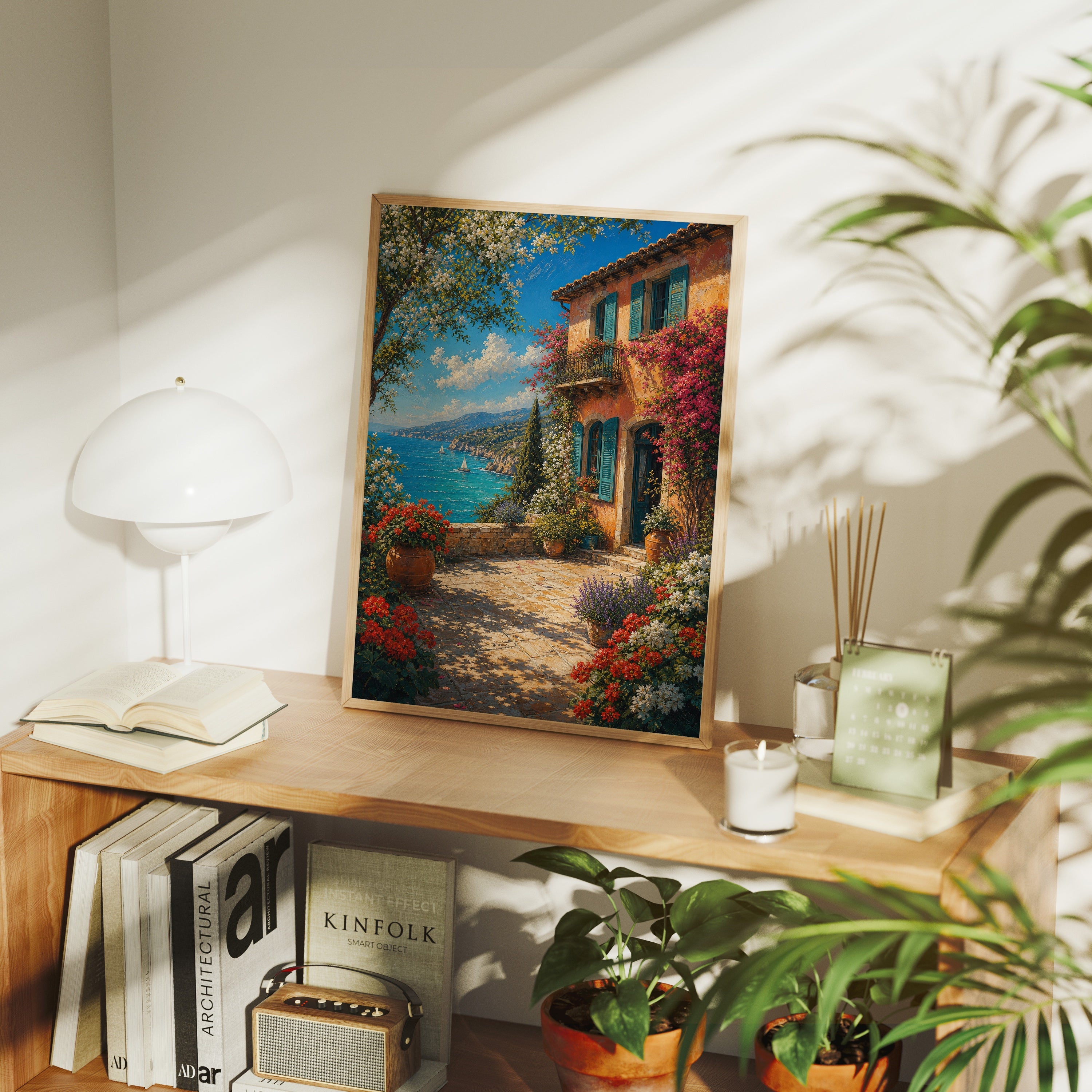 Mediterranean Flower Cottage Sea View poster framed room mockup by Seji Art