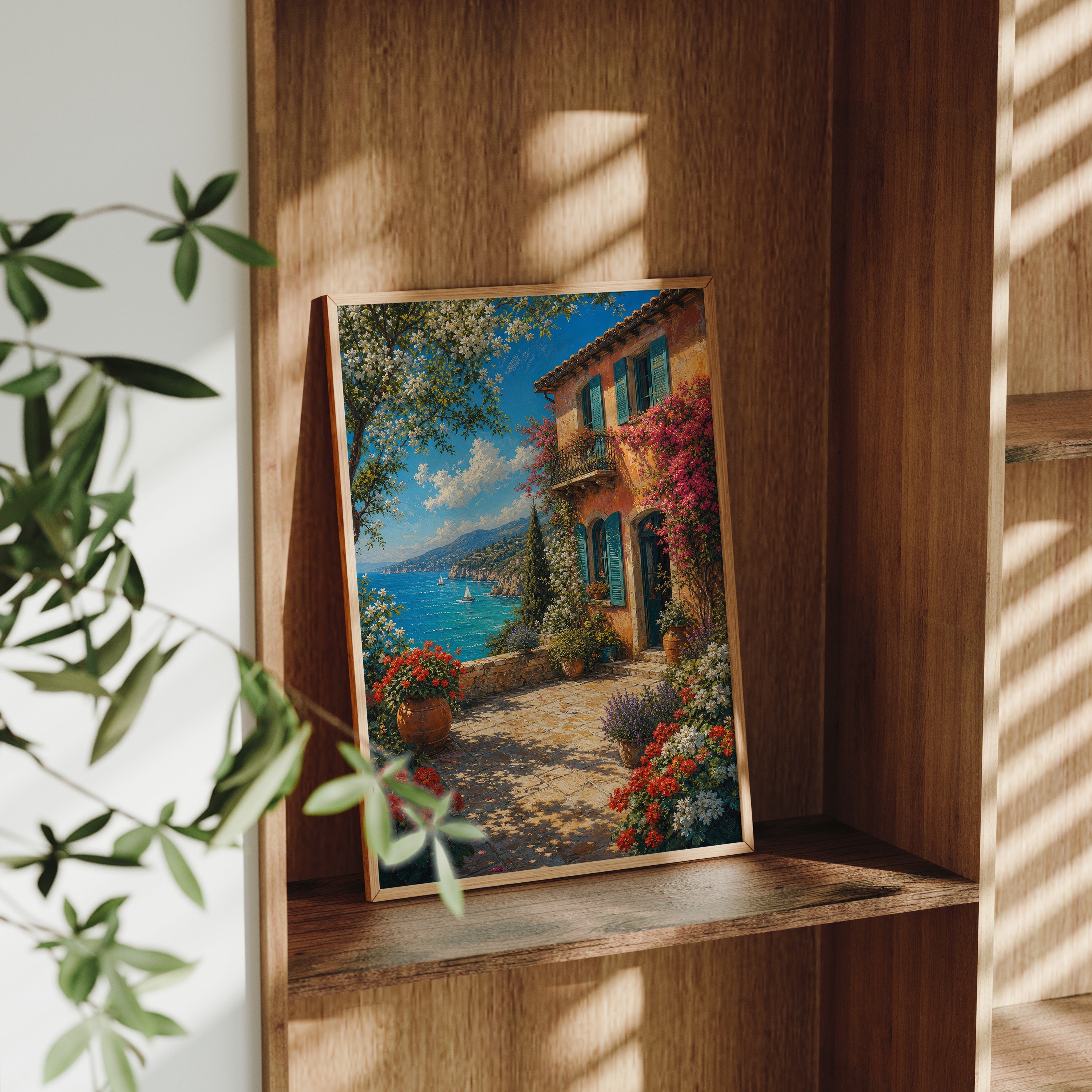 Mediterranean Flower Cottage Sea View poster gallery shelf mockup by Seji Art