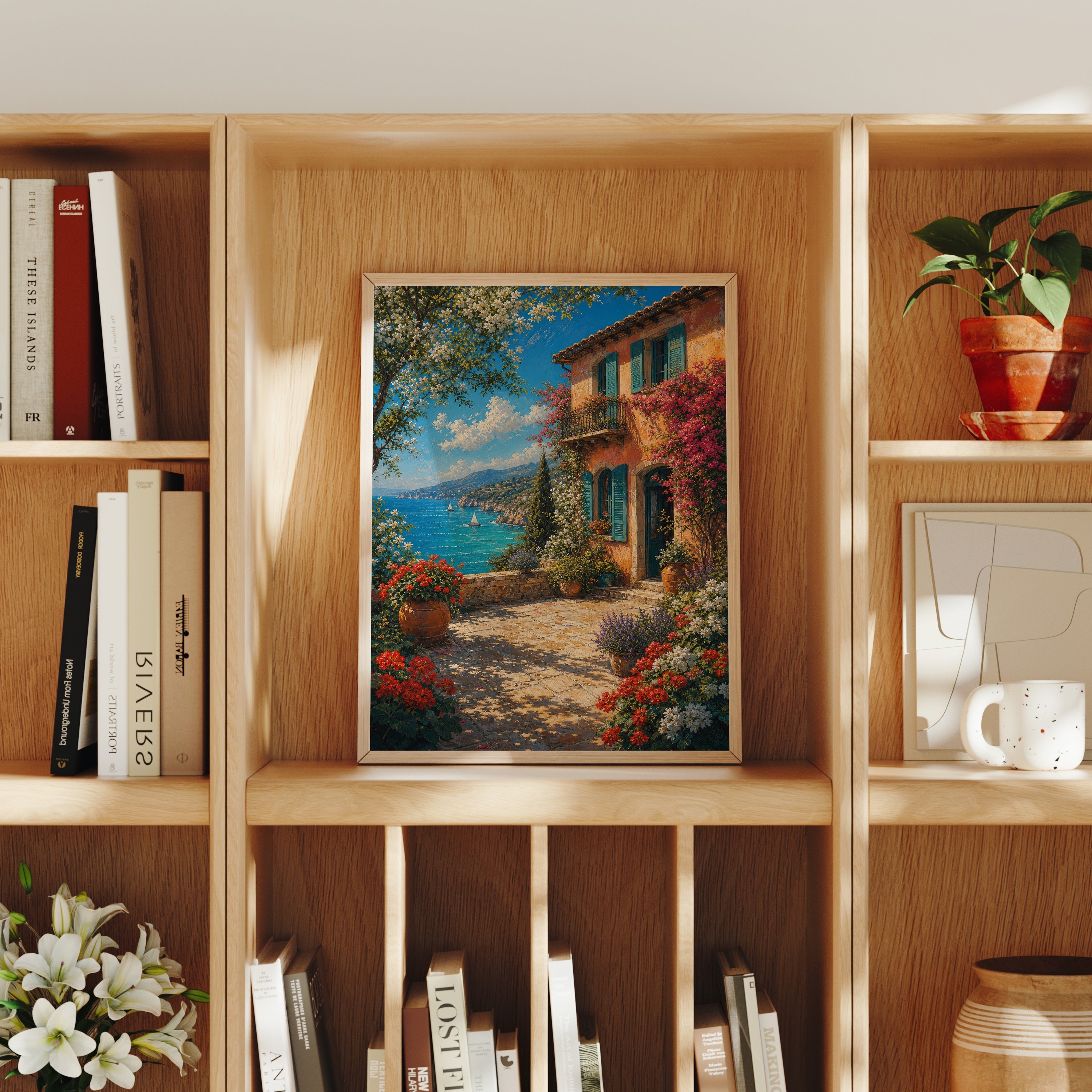 Mediterranean Flower Cottage Sea View poster home decor mockup by Seji Art