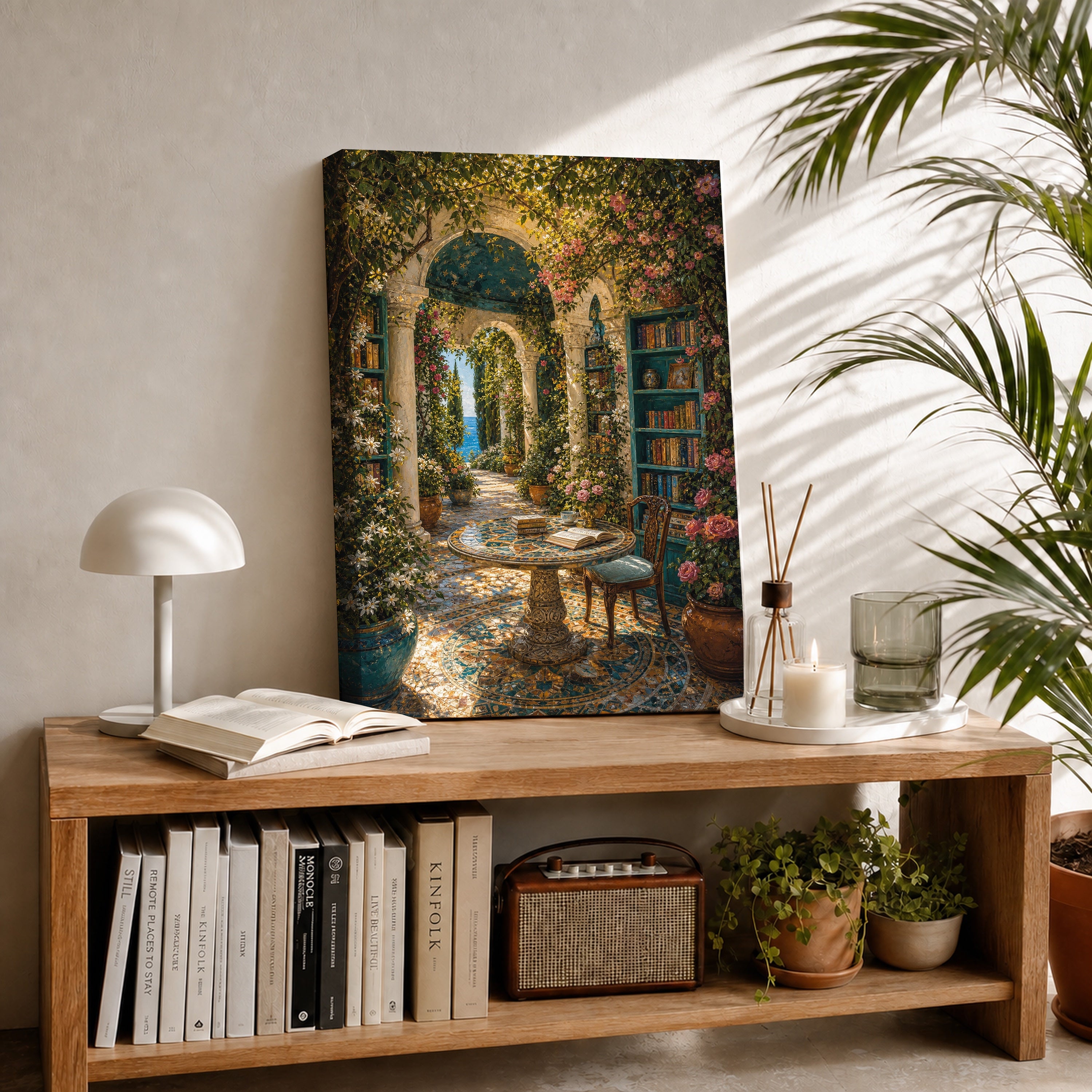 Mediterranean Fountain Courtyard Arch canvas room mockup by Seji Art