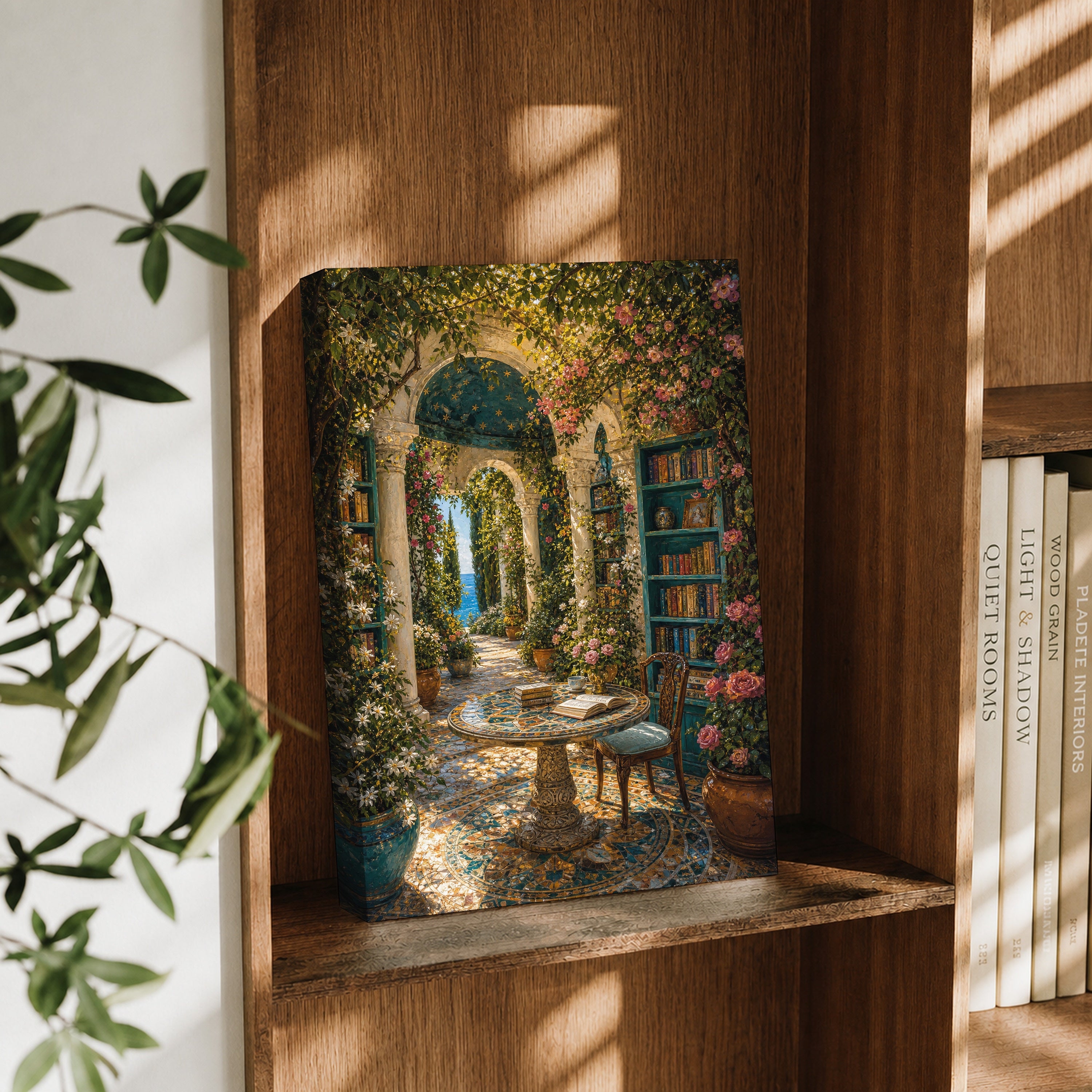 Mediterranean Fountain Courtyard Arch canvas wall art decor mockup by Seji Art