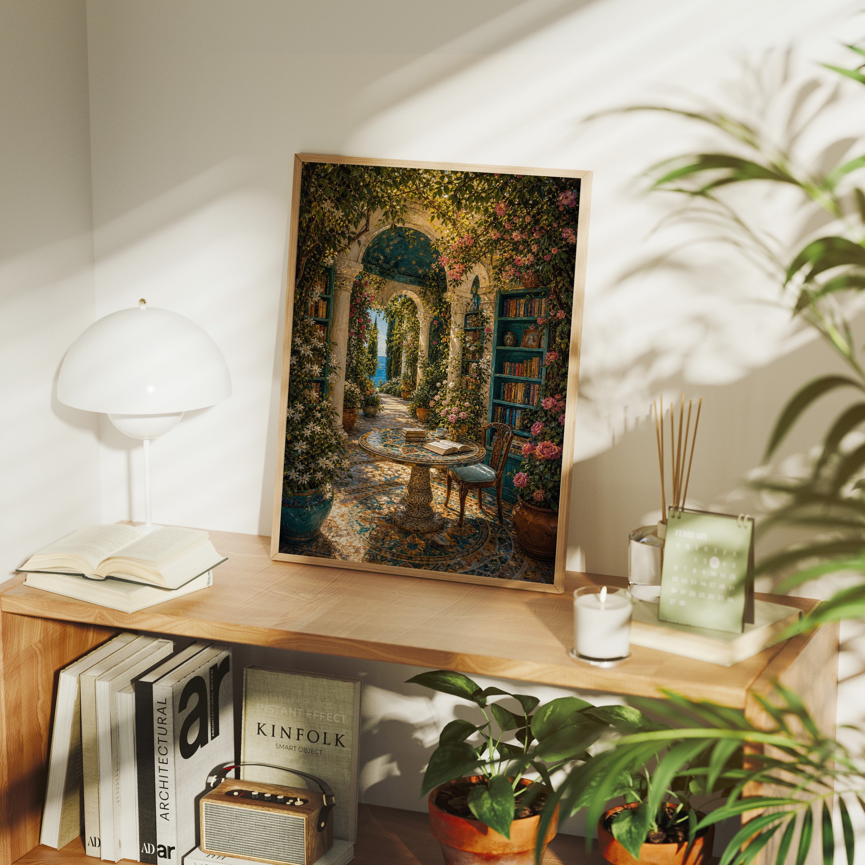 Mediterranean Fountain Courtyard Arch poster framed room mockup by Seji Art