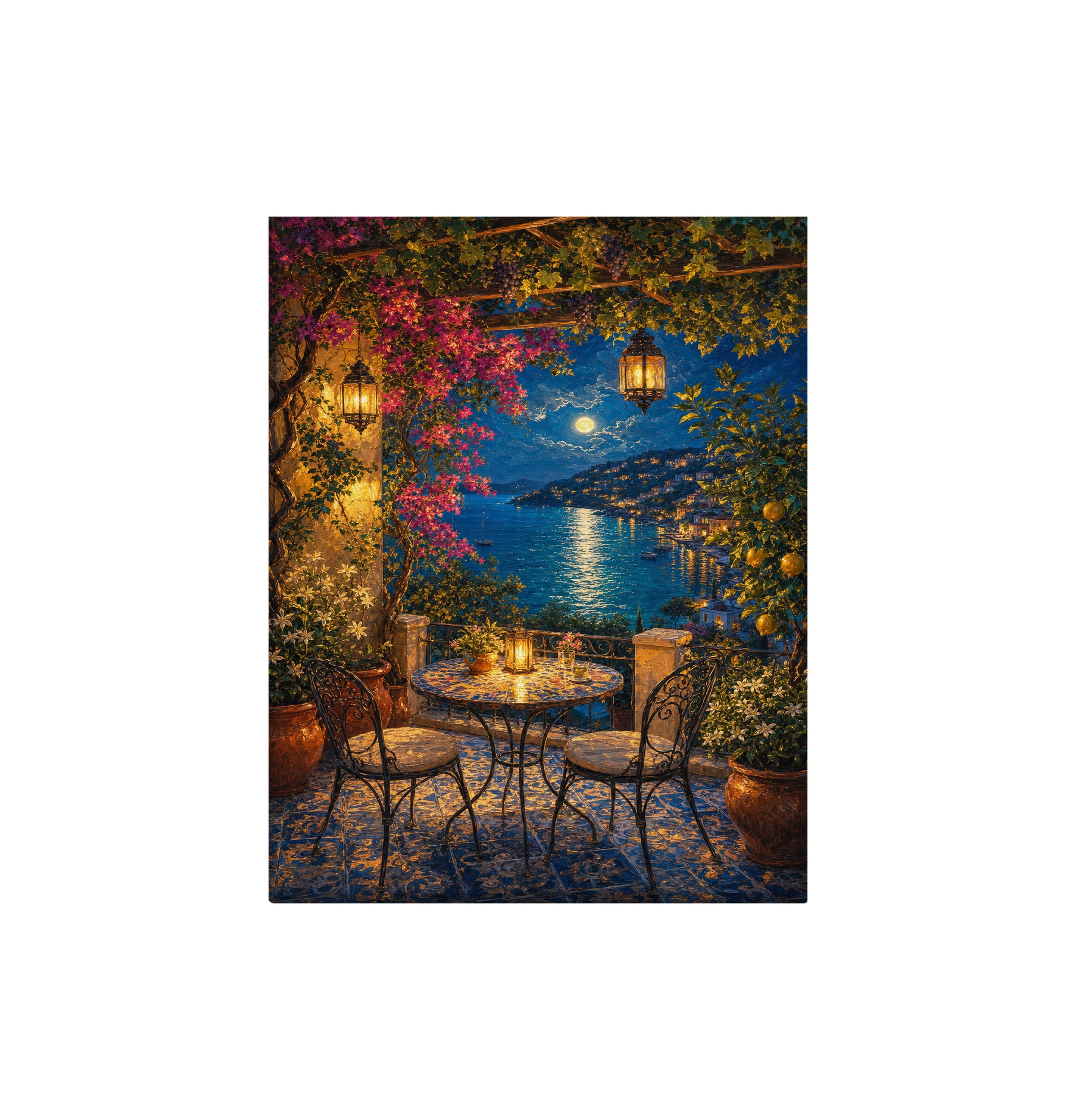 Midnight Lake Terrace Cafe canvas wall art preview by Seji Art