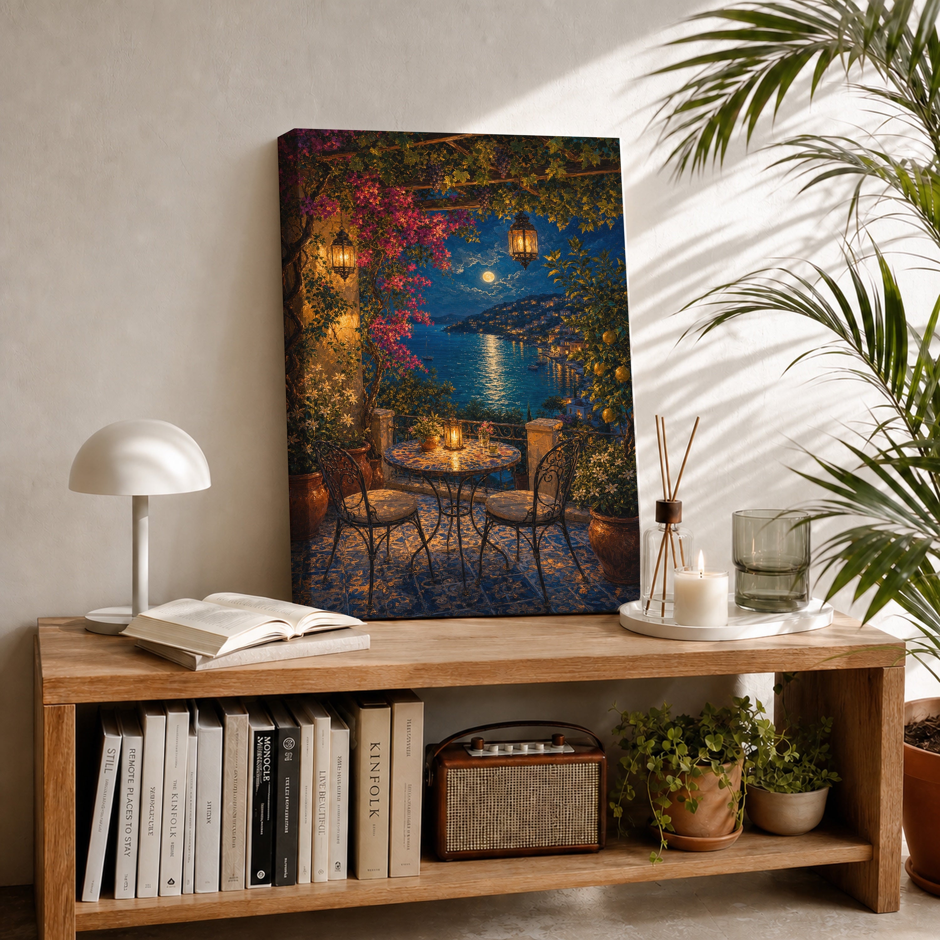 Midnight Lake Terrace Cafe canvas room mockup by Seji Art