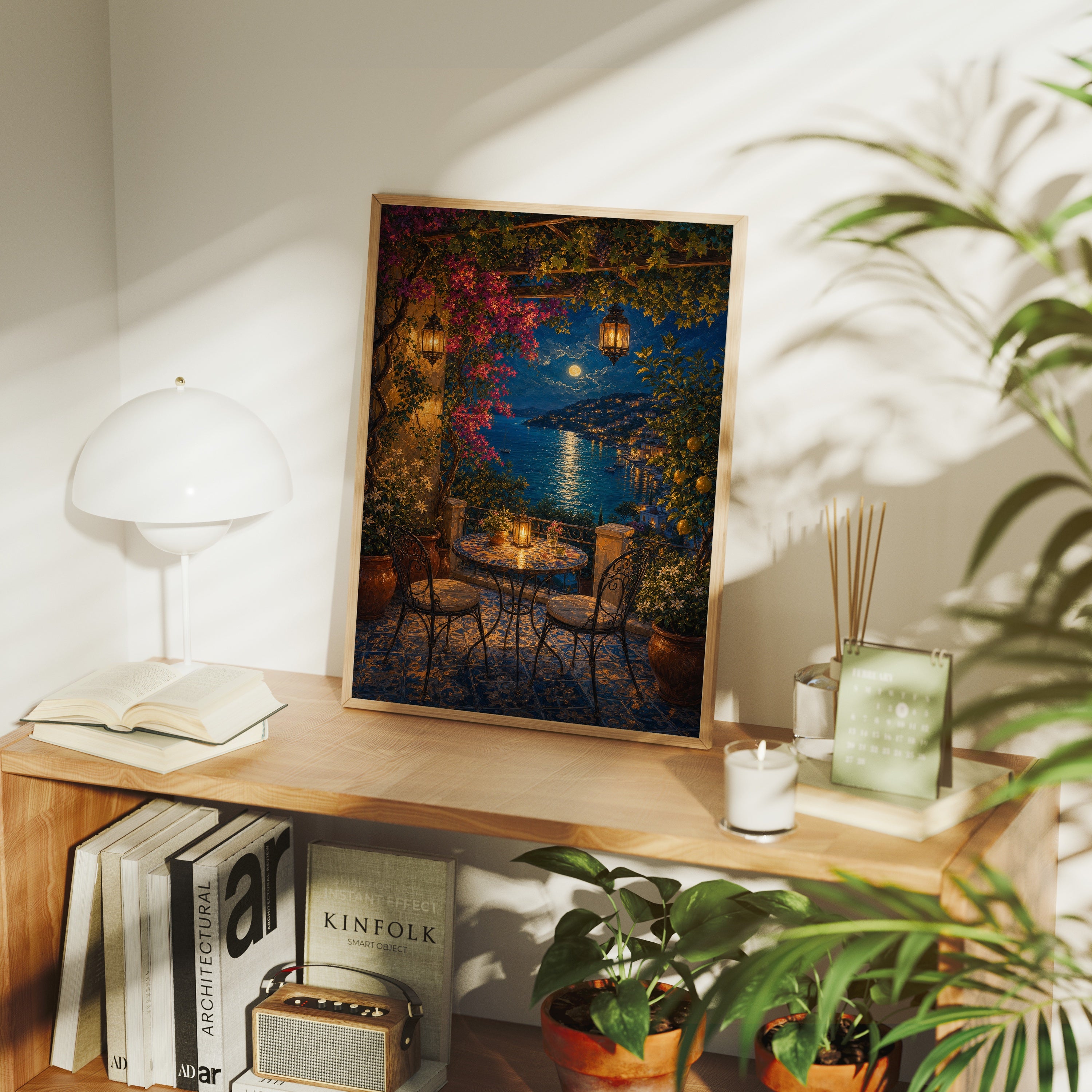 Midnight Lake Terrace Cafe poster framed room mockup by Seji Art