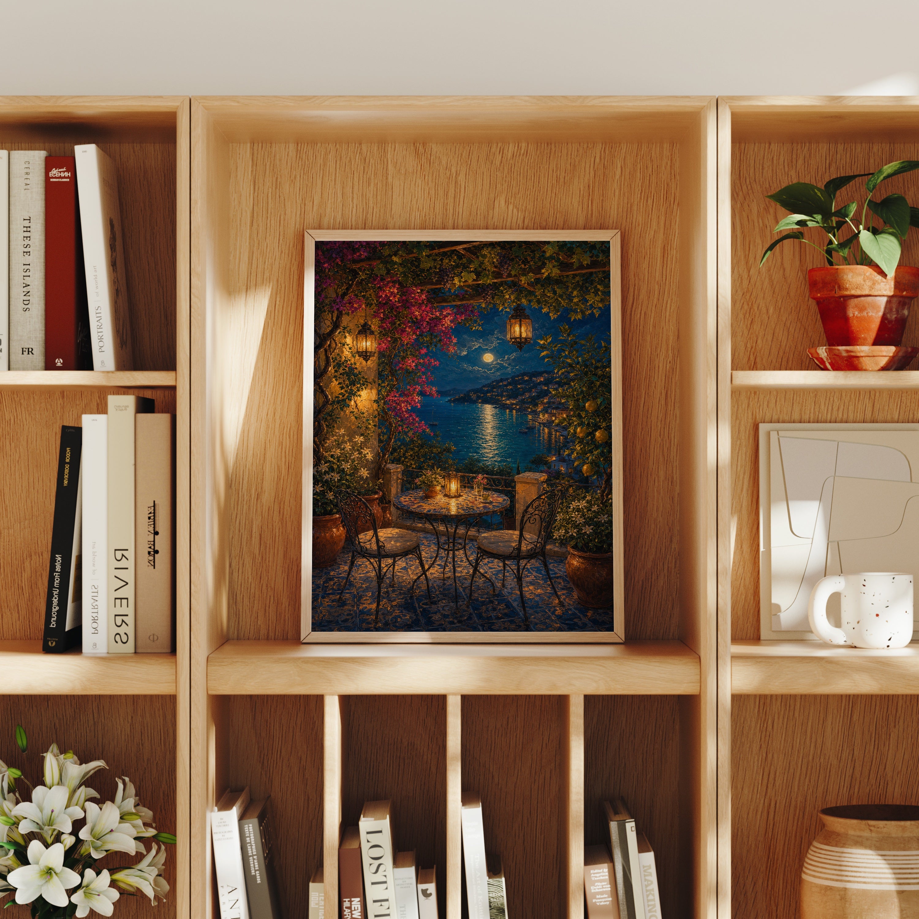 Midnight Lake Terrace Cafe poster home decor mockup by Seji Art
