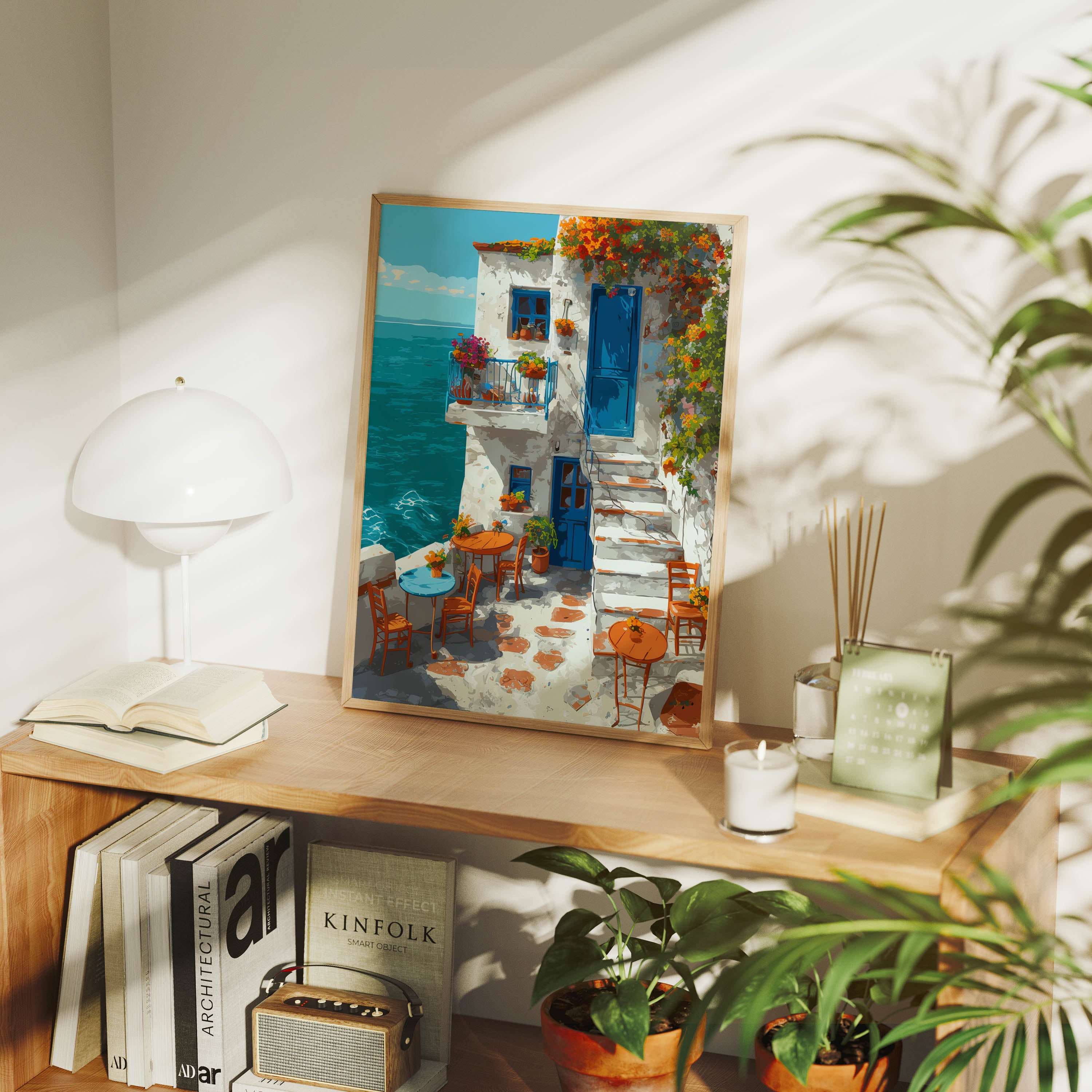 Symi Greek Island Blue Door Cafe Wall Art Print | Seji Art