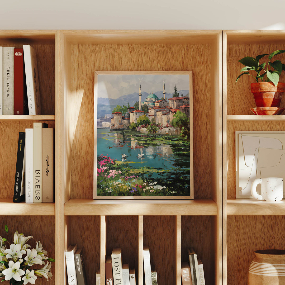 Iznik Lakeside Mosque Swans canvas wall art preview by Seji Art