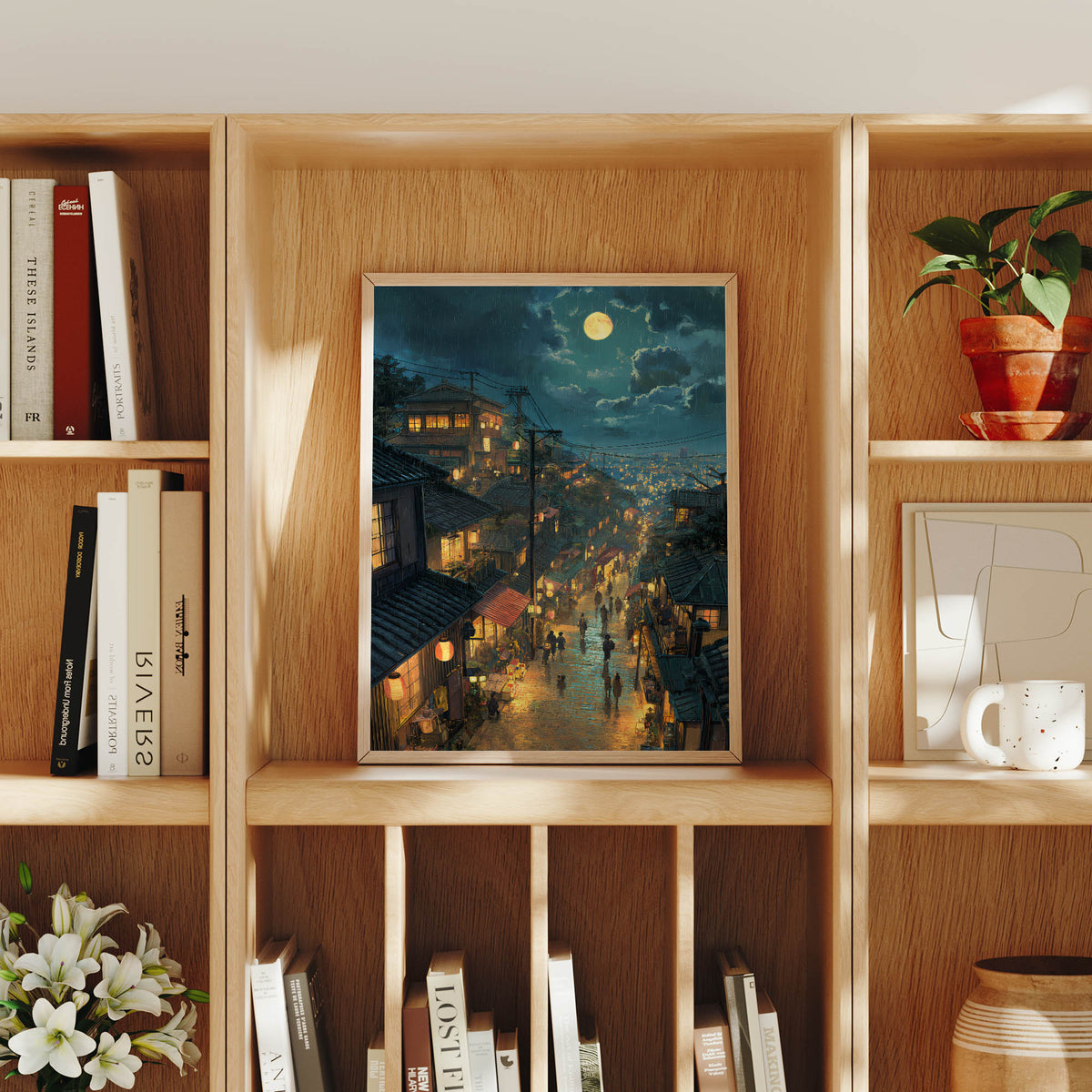 Shirakawa Moonlit Village canvas wall art preview by Seji Art