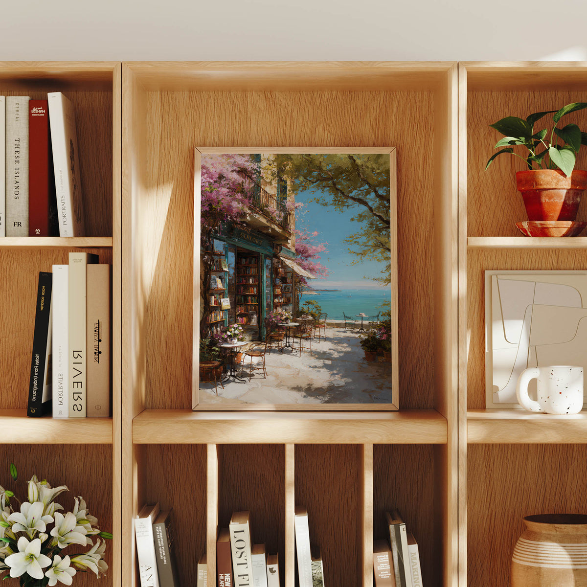 Kyoto Spring Bookstore canvas wall art preview by Seji Art